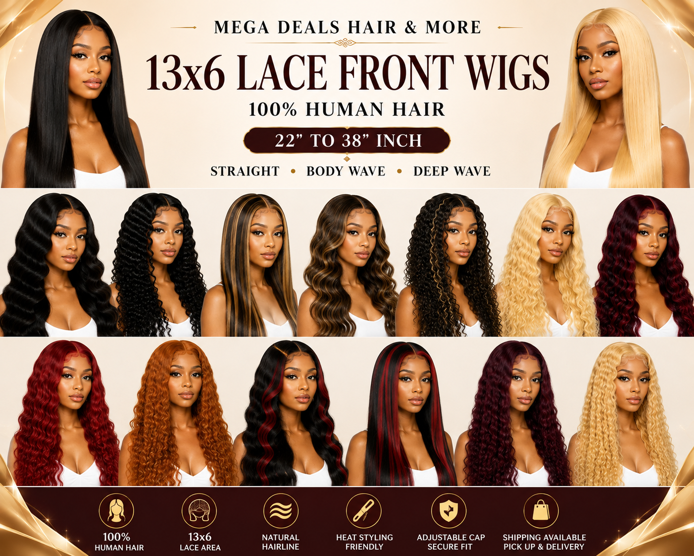 13x6 Lace Front Human Hair Wigs – 22” to 38”