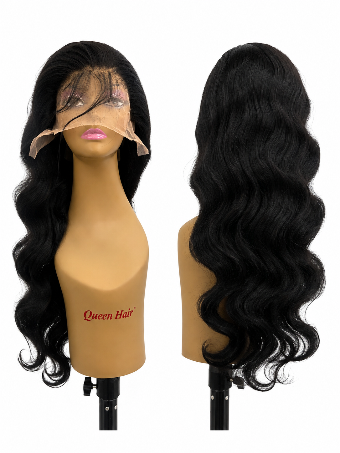 100% Human Hair 13x6 HD Lace Front BODY WAVE Wig, available in Natural Black and P4/27 Highlight, in lengths 22 to 38 inches.