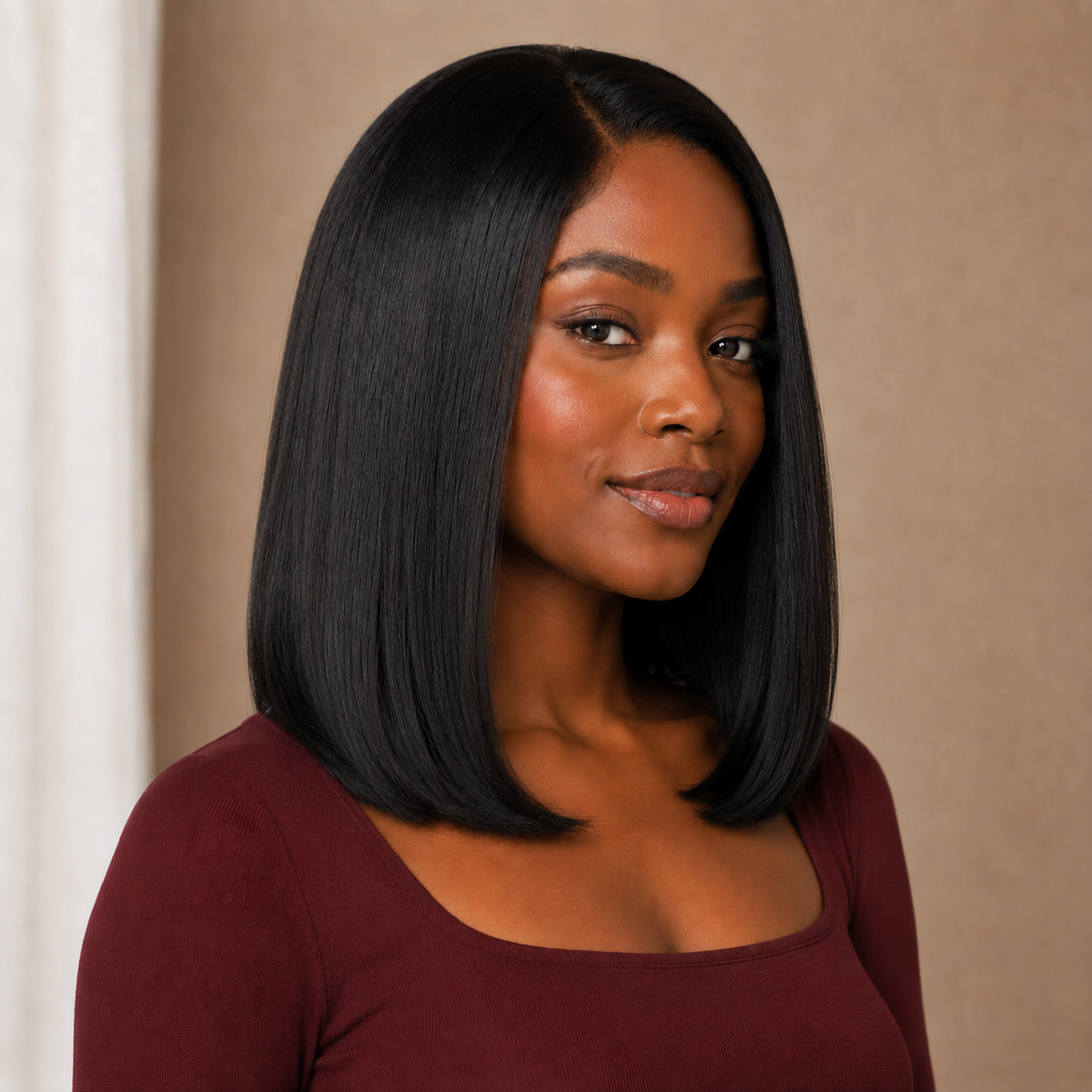 Model wearing a natural black bob lace front wig