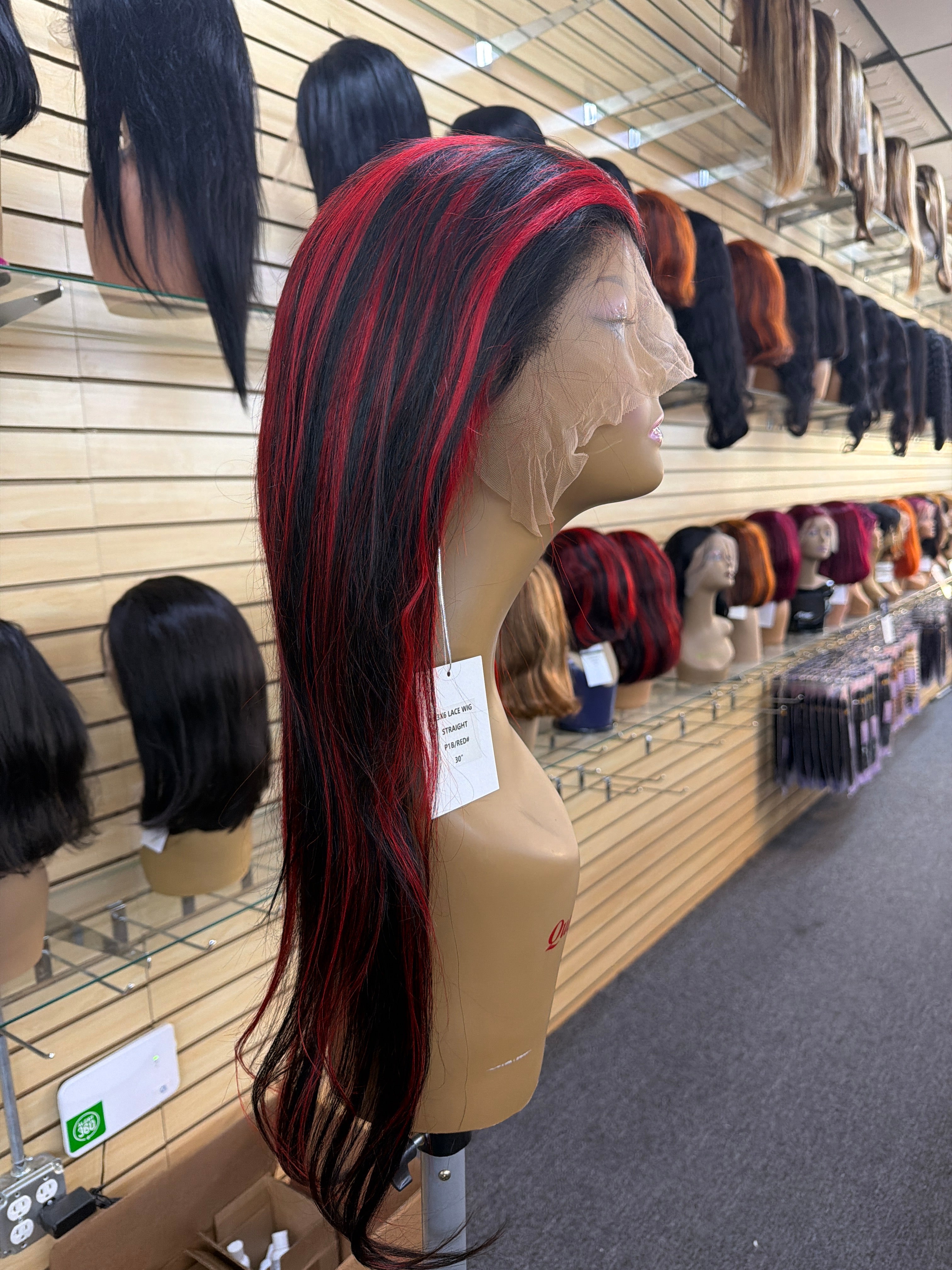 13x6 HD Lace Front Wig – Straight – Black & Red Highlight – 180% Density