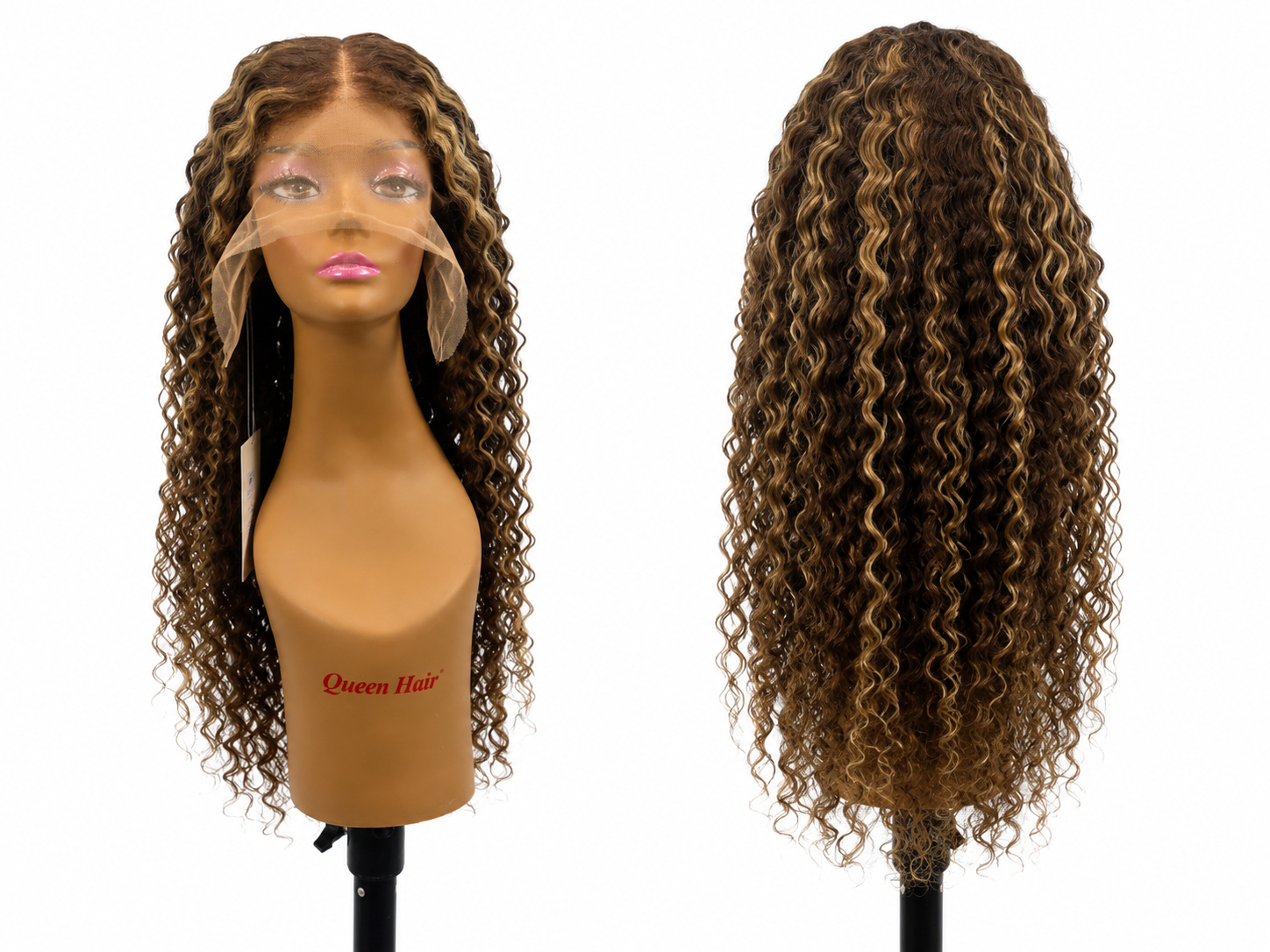 100% Human Hair 13x6 HD Lace Front DEEP WAVE Wig, available in Natural Black and P4/27 Highlight, in lengths 22 to 38 inches.