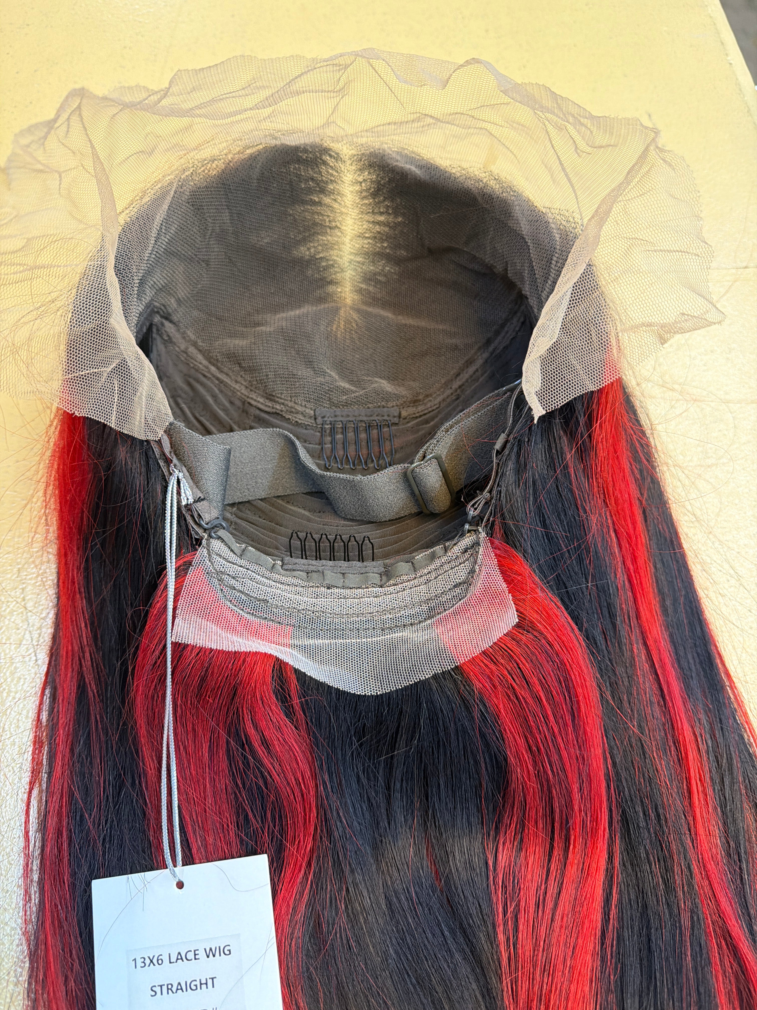 13x6 HD Lace Front Wig – Straight – Black & Red Highlight – 180% Density