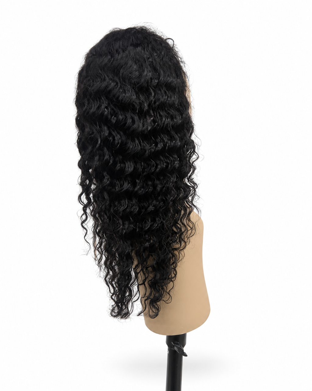 13x6 Deep Wave Natural Black human hair wig on clean white background — back view