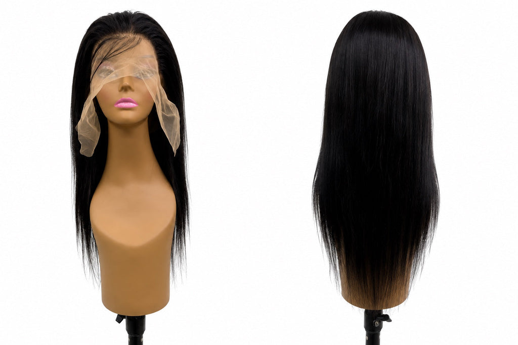 Real 13x6 Straight Natural Black human hair wig — front and back view