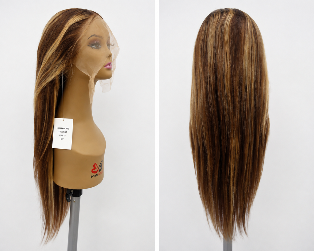 100% Human Hair 13x6  Lace Front Straight Wig, available in Natural Black and P4/27 Highlight, in lengths 22 to 38 inches.