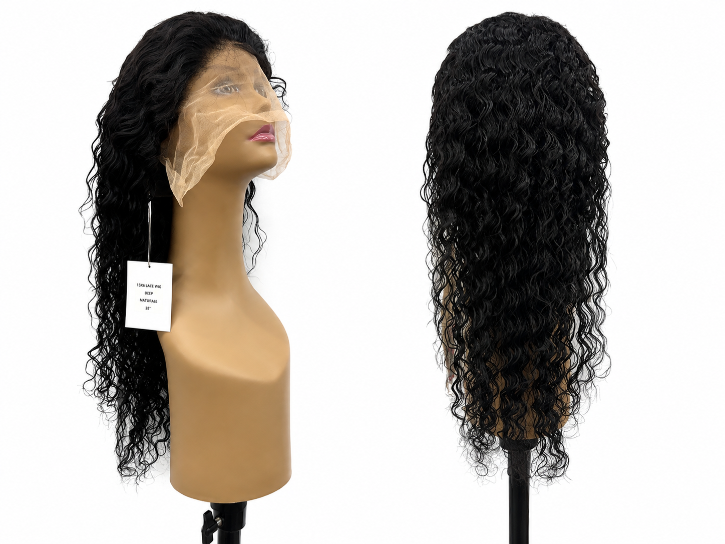 100% Human Hair 13x6 HD Lace Front DEEP WAVE Wig, available in Natural Black and P4/27 Highlight, in lengths 22 to 38 inches.