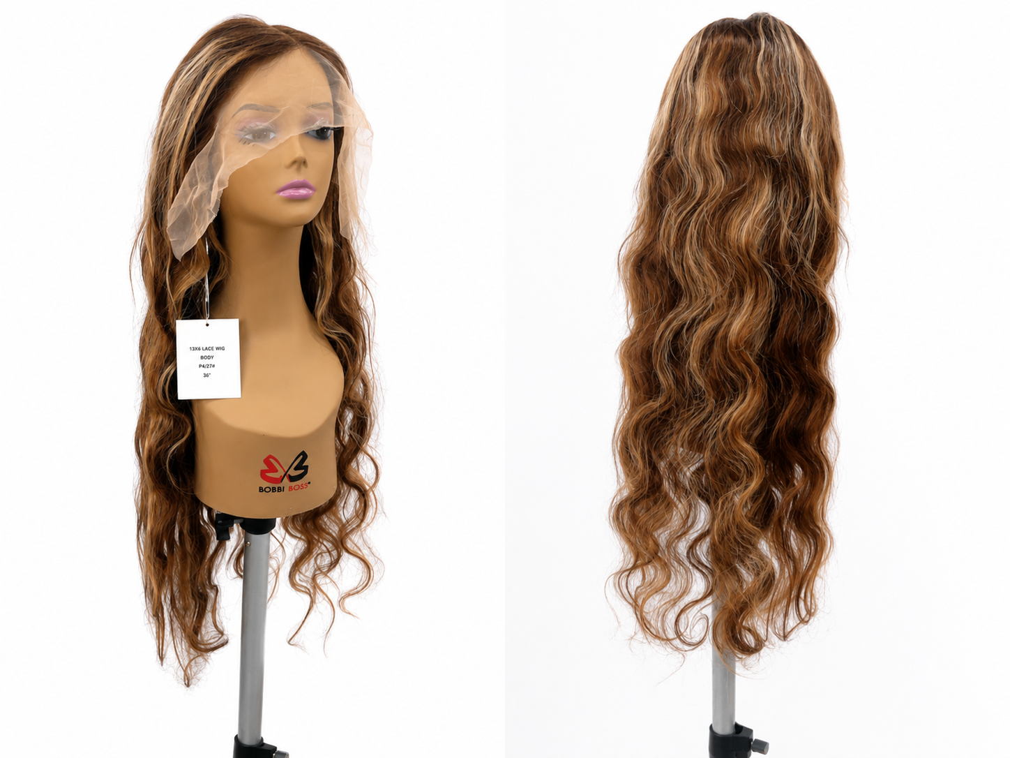 100% Human Hair 13x6 HD Lace Front BODY WAVE Wig, available in Natural Black and P4/27 Highlight, in lengths 22 to 38 inches.