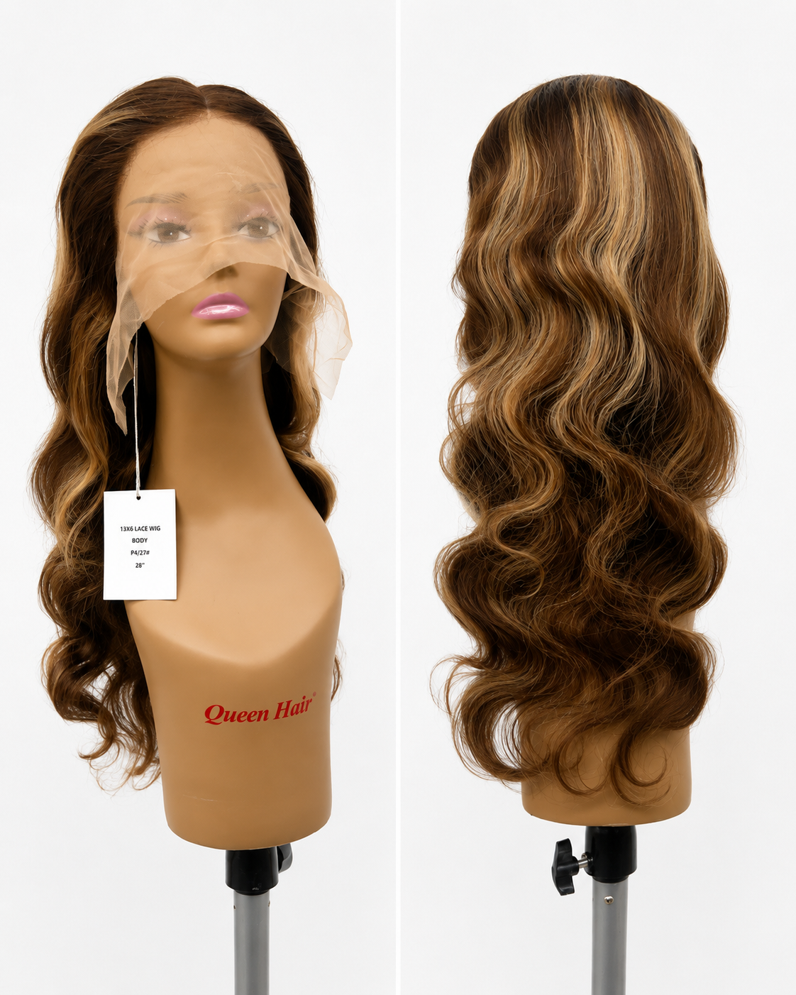 100% Human Hair 13x6 HD Lace Front BODY WAVE Wig, available in Natural Black and P4/27 Highlight, in lengths 22 to 38 inches.