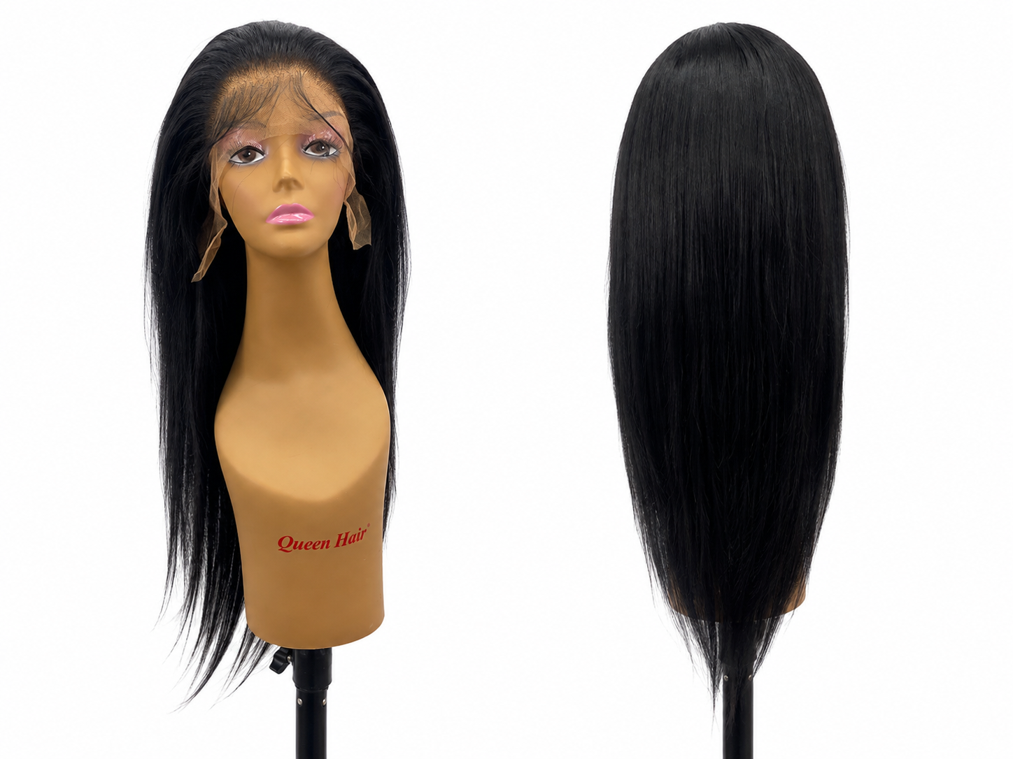100% Human Hair 13x6 HD Lace Front Straight Wig, available in Natural Black and P4/27 Highlight, in lengths 22 to 38 inches.