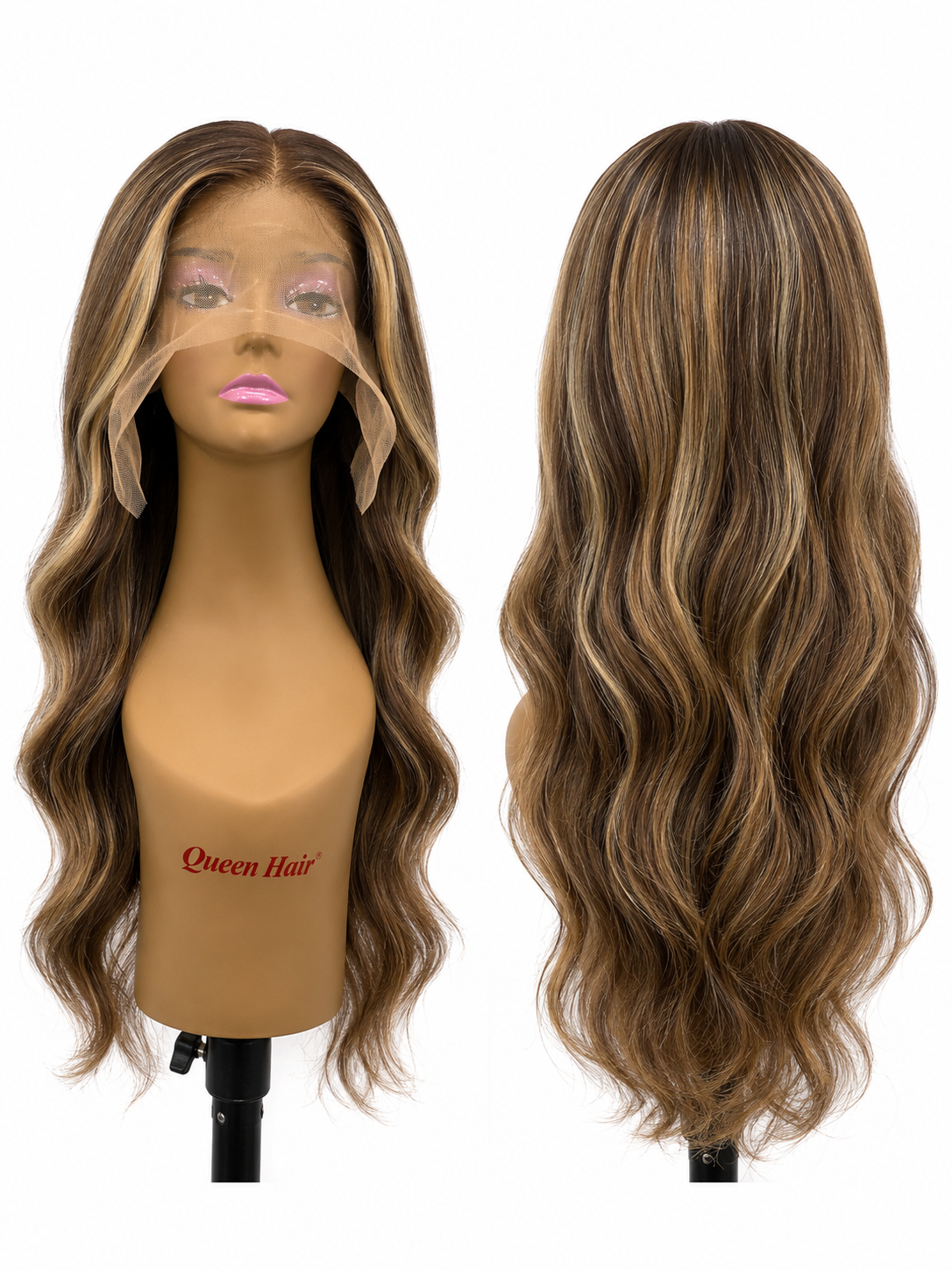 100% Human Hair 13x6 HD Lace Front BODY WAVE Wig, available in Natural Black and P4/27 Highlight, in lengths 22 to 38 inches.