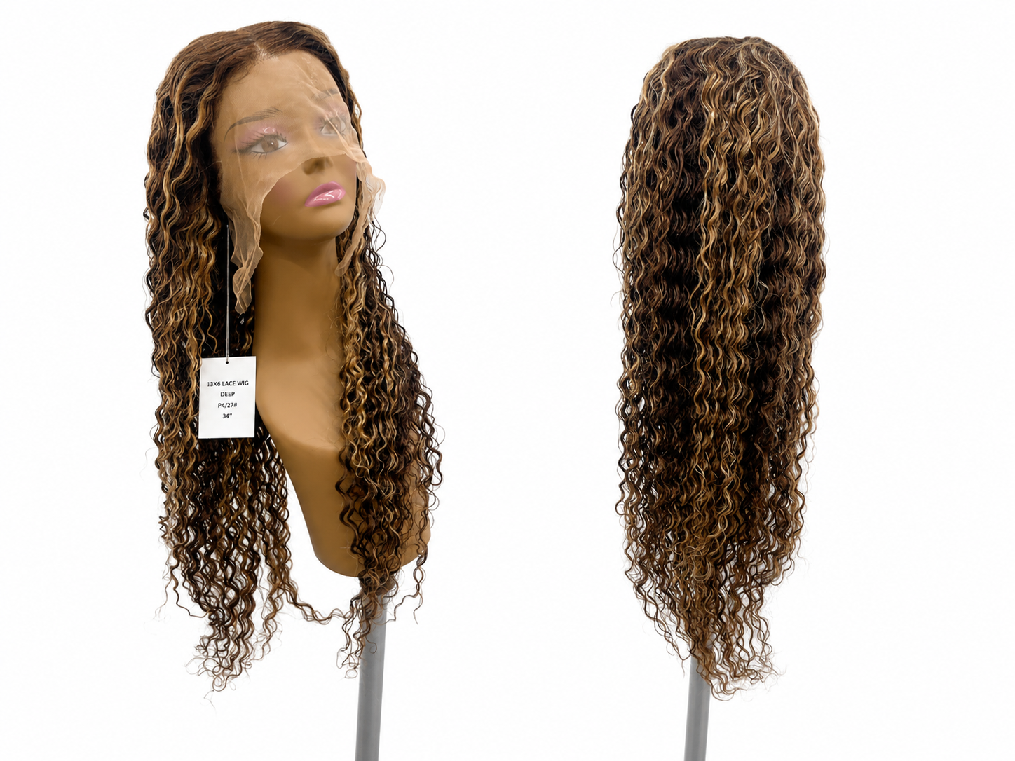 100% Human Hair 13x6 HD Lace Front DEEP WAVE Wig, available in Natural Black and P4/27 Highlight, in lengths 22 to 38 inches.