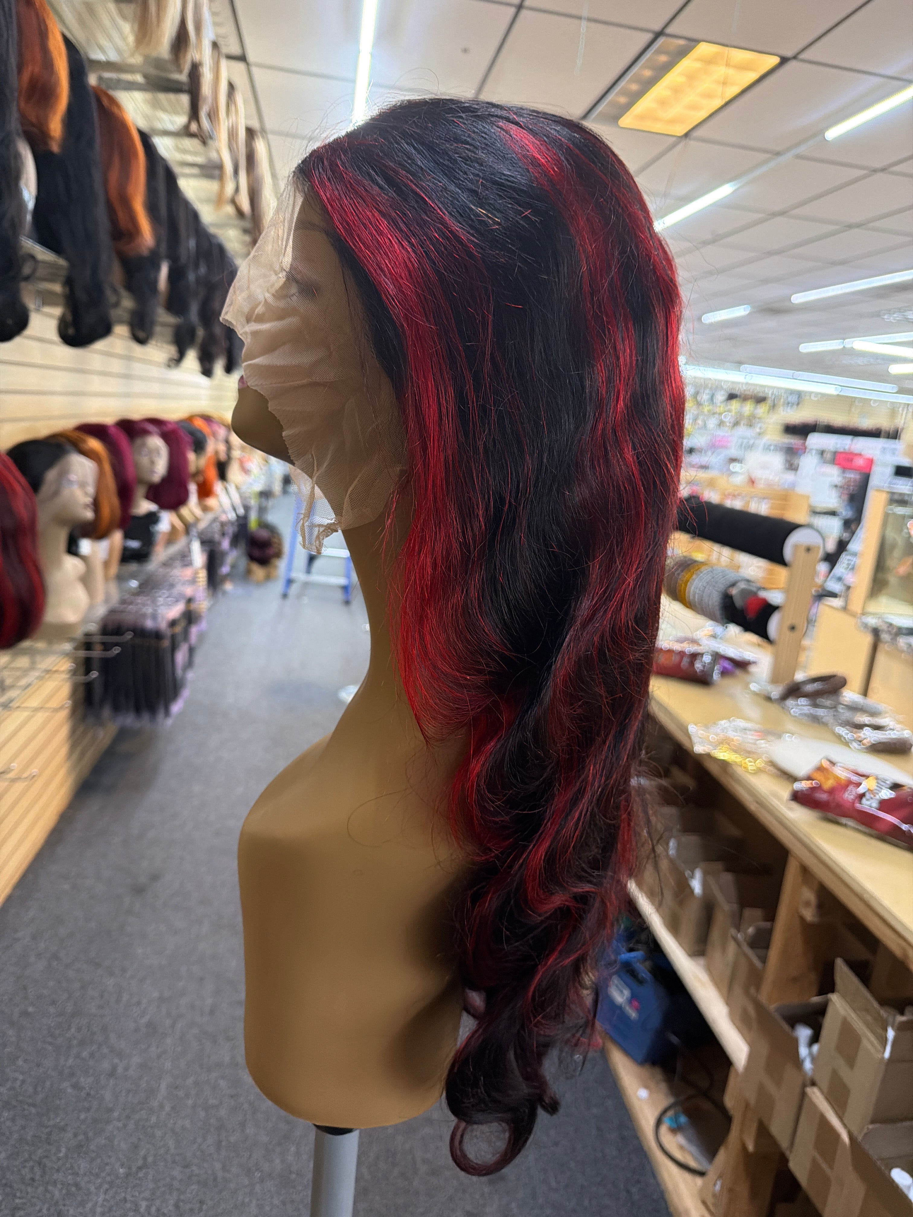 30” Body Wave HD Lace Front Wig 13x6 – 100% Human Hair – Black & Red Highlight (1B/Red)