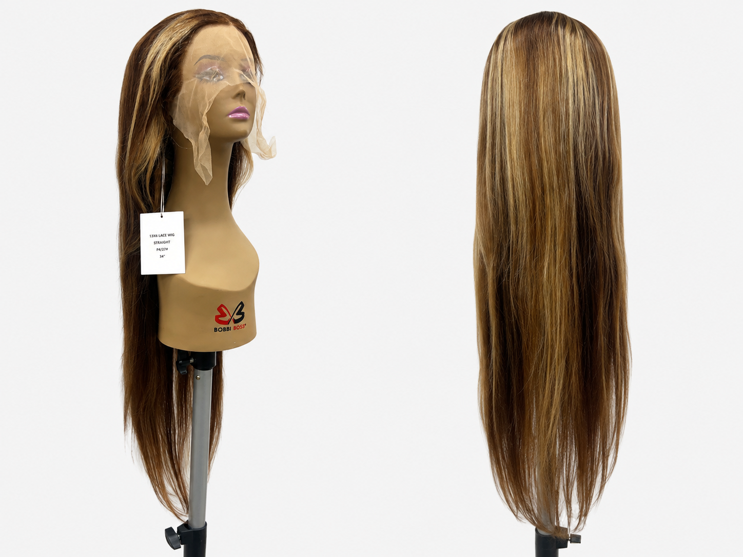 100% Human Hair 13x6 HD Lace Front Straight Wig, available in Natural Black and P4/27 Highlight, in lengths 22 to 38 inches.