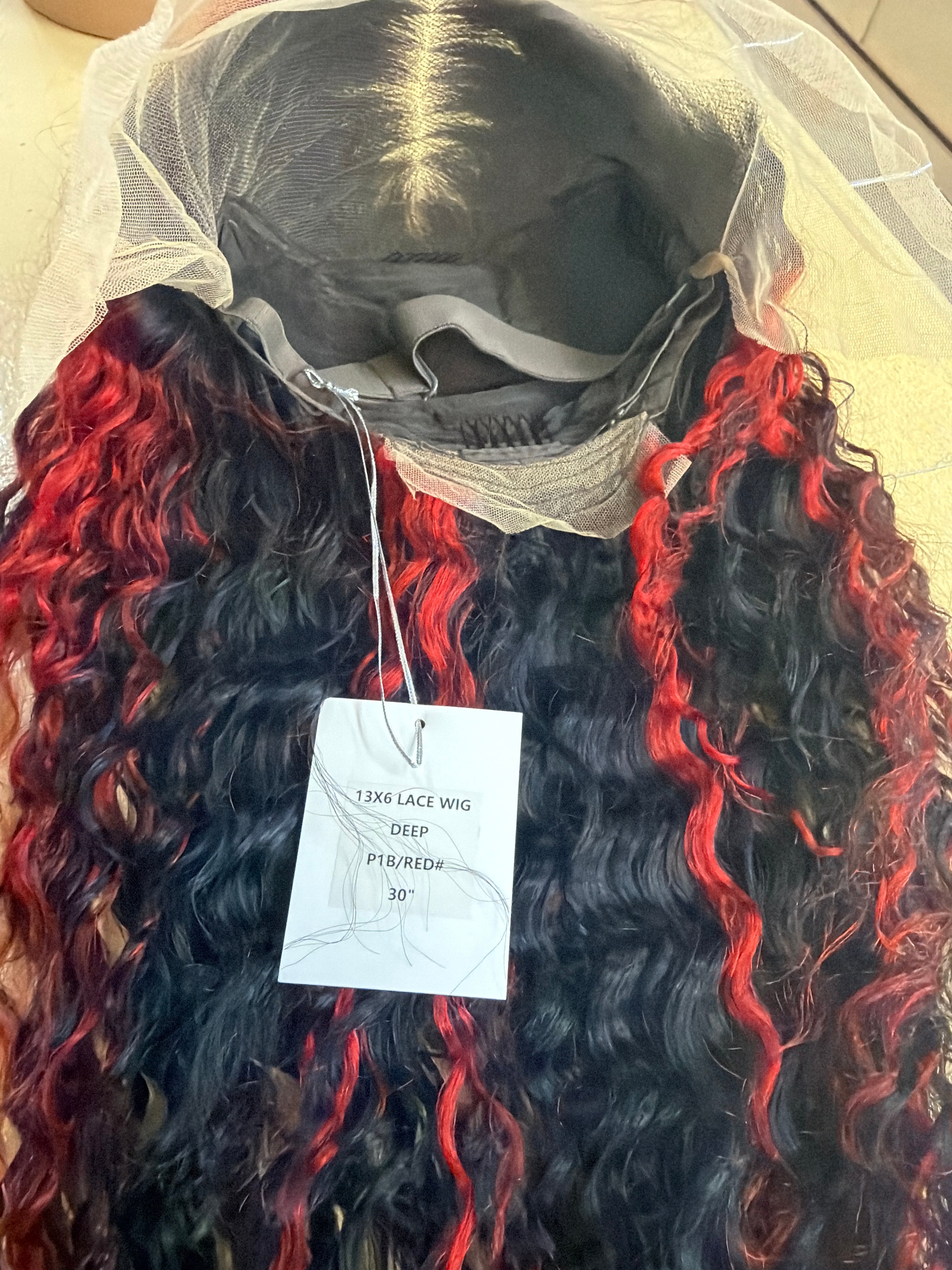 30” Deep Wave 13x6 Lace Front Wig – 100% Human Hair – P1B/Red Highlight