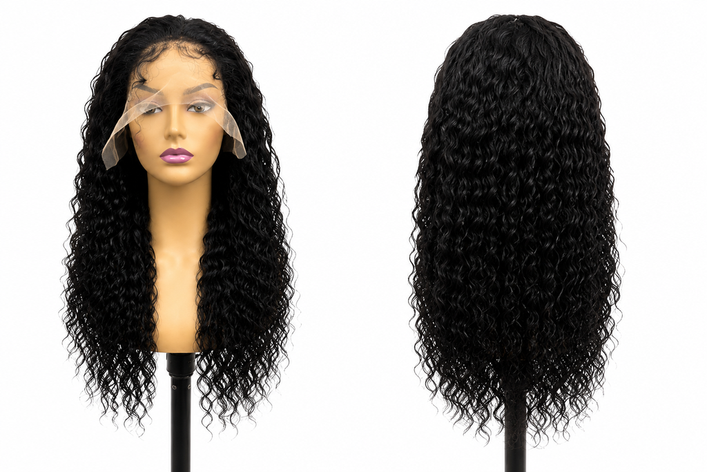100% Human Hair 13x6  Lace Front DEEP WAVE Wig, available in Natural Black and P4/27 Highlight, in lengths 22 to 38 inches.