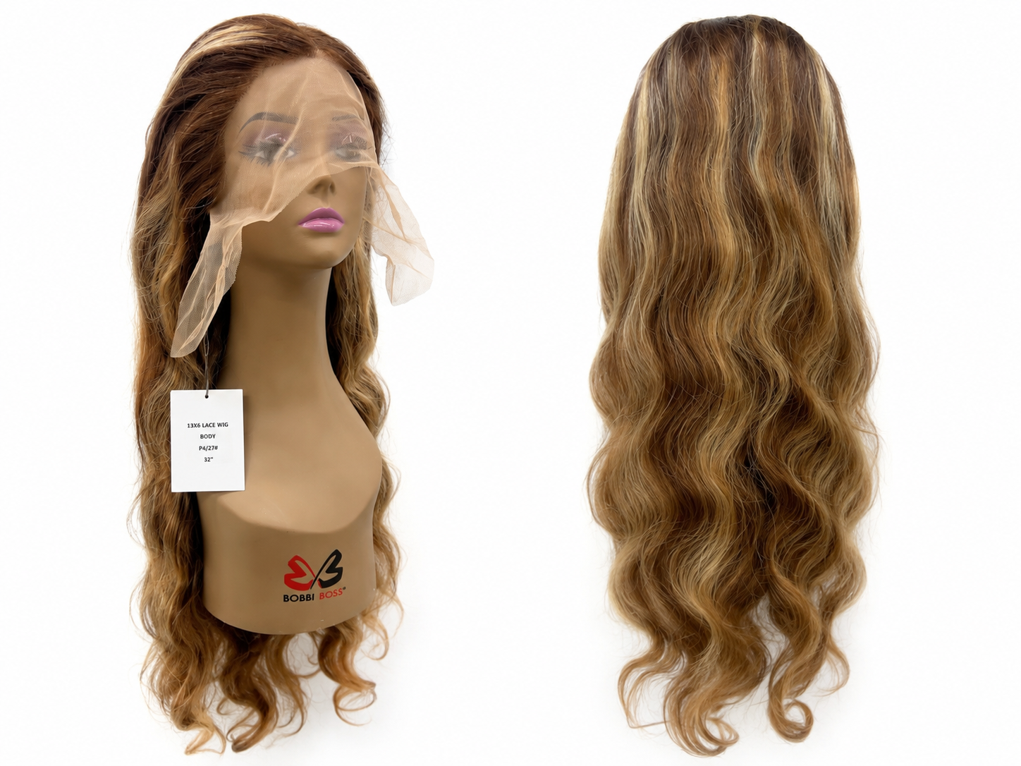 100% Human Hair 13x6 HD Lace Front BODY WAVE Wig, available in Natural Black and P4/27 Highlight, in lengths 22 to 38 inches.