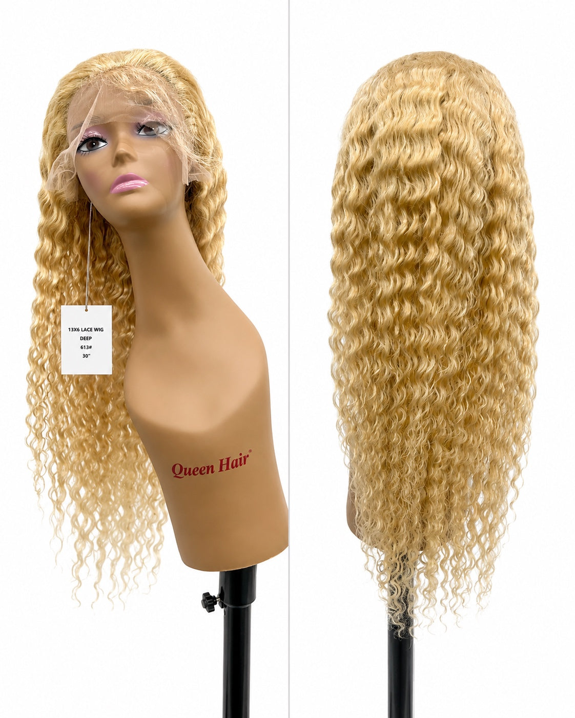 30 inch 613 Blonde Deep Wave 13x6 human hair wig on clean white background