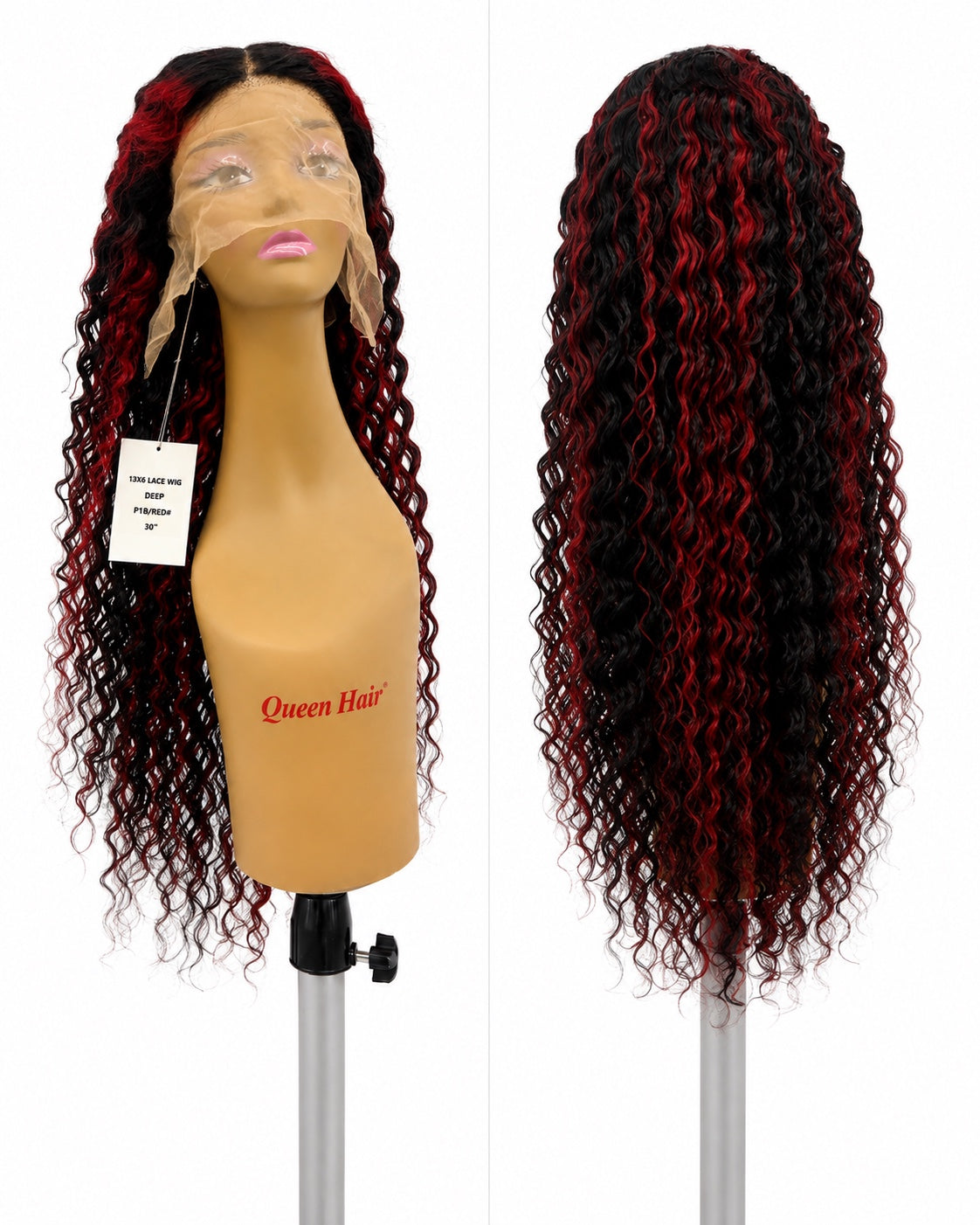 30 inch P1B/Red Deep Wave 13x6 human hair wig on clean white background
