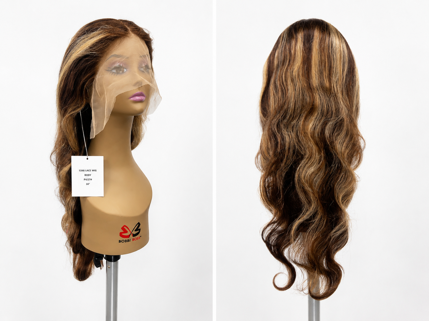 100% Human Hair 13x6 HD Lace Front BODY WAVE Wig, available in Natural Black and P4/27 Highlight, in lengths 22 to 38 inches.
