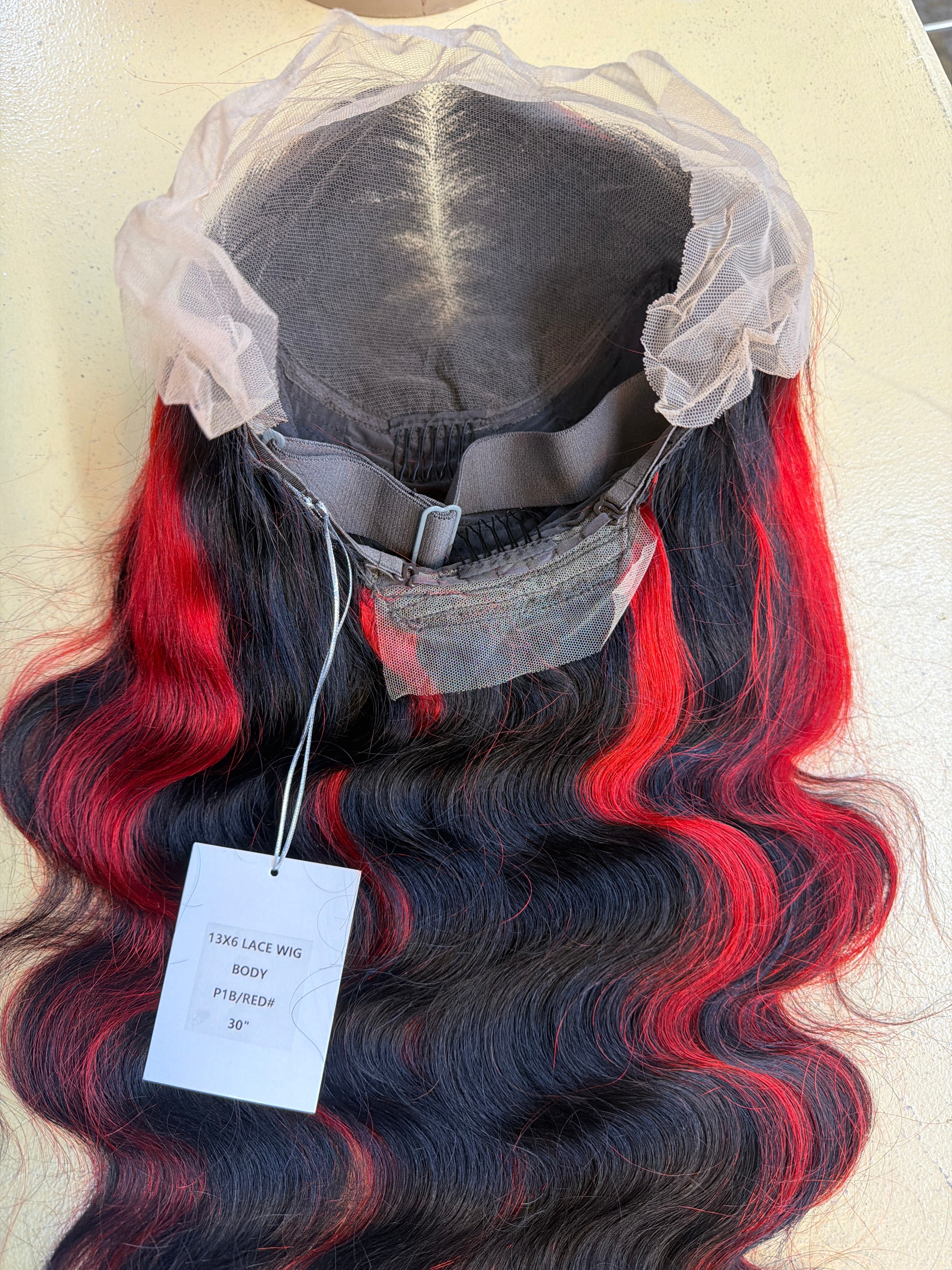 30” Body Wave HD Lace Front Wig 13x6 – 100% Human Hair – Black & Red Highlight (1B/Red)
