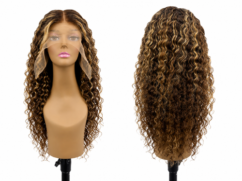 100% Human Hair 13x6 HD Lace Front DEEP WAVE Wig, available in Natural Black and P4/27 Highlight, in lengths 22 to 38 inches.