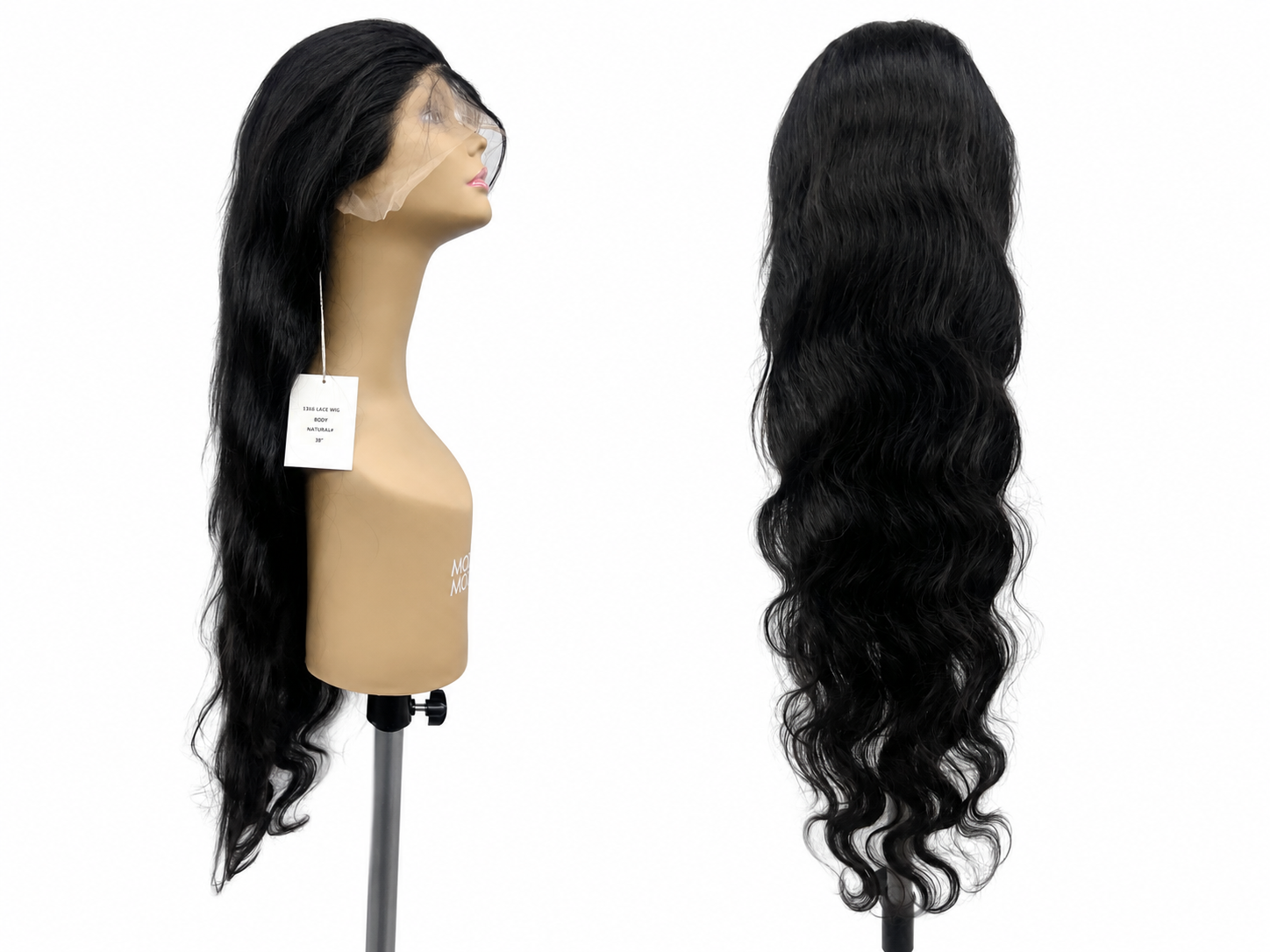 100% Human Hair 13x6 HD Lace Front BODY WAVE Wig, available in Natural Black and P4/27 Highlight, in lengths 22 to 38 inches.