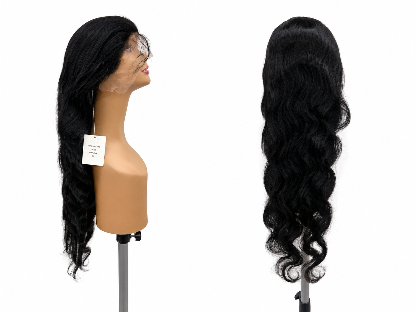 100% Human Hair 13x6 HD Lace Front BODY WAVE Wig, available in Natural Black and P4/27 Highlight, in lengths 22 to 38 inches.