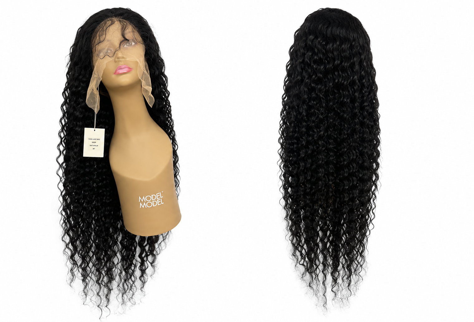 100% Human Hair 13x6 HD Lace Front DEEP WAVE Wig, available in Natural Black and P4/27 Highlight, in lengths 22 to 38 inches.