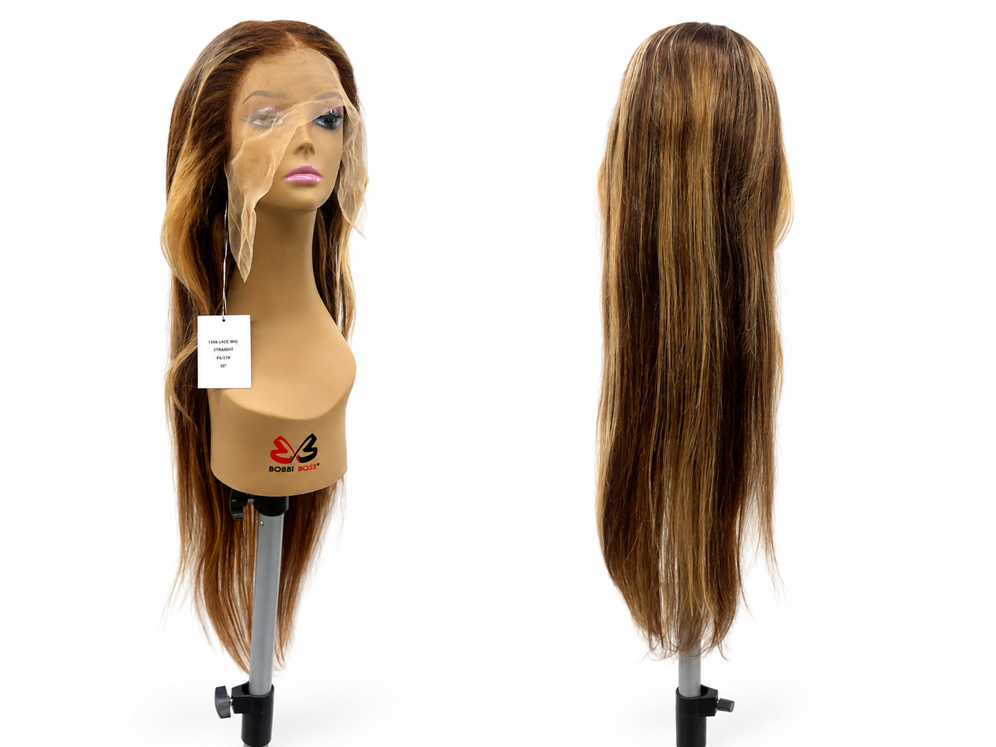 100% Human Hair 13x6 HD Lace Front Straight Wig, available in Natural Black and P4/27 Highlight, in lengths 22 to 38 inches.