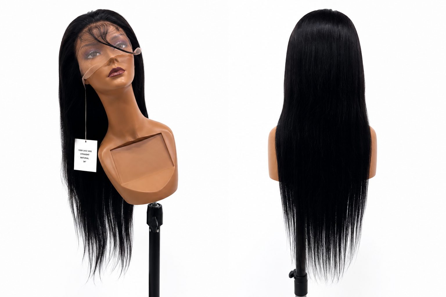 100% Human Hair 13x6 HD Lace Front Straight Wig, available in Natural Black and P4/27 Highlight, in lengths 22 to 38 inches.