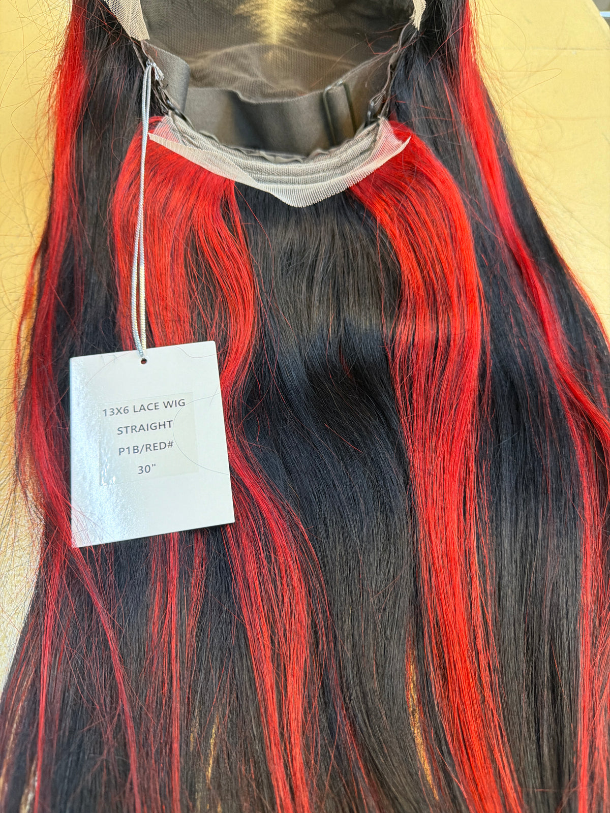 13x6 Lace Front Wig – Straight – Black & Red Highlight – 180% Density