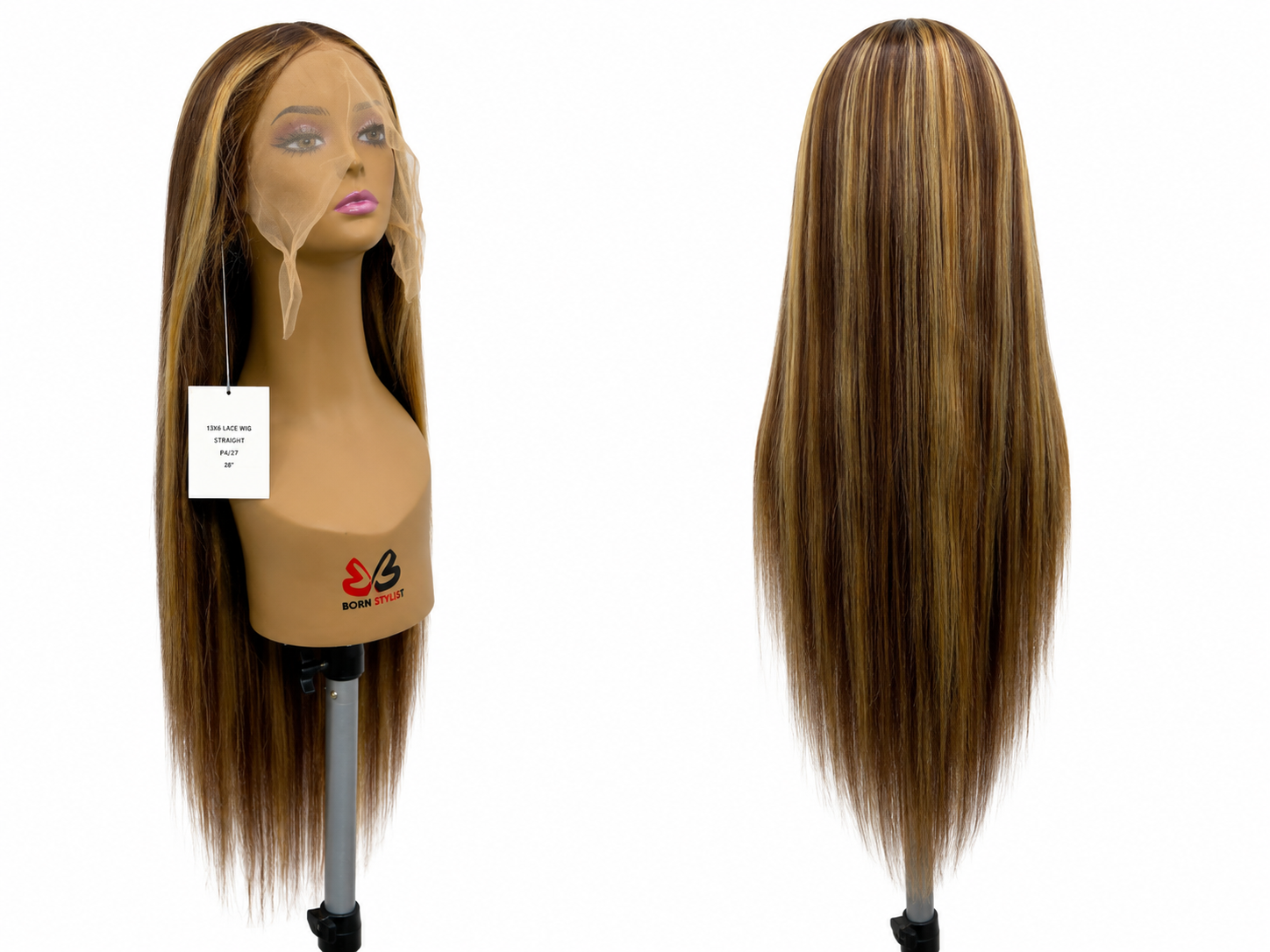 100% Human Hair 13x6 HD Lace Front Straight Wig, available in Natural Black and P4/27 Highlight, in lengths 22 to 38 inches.