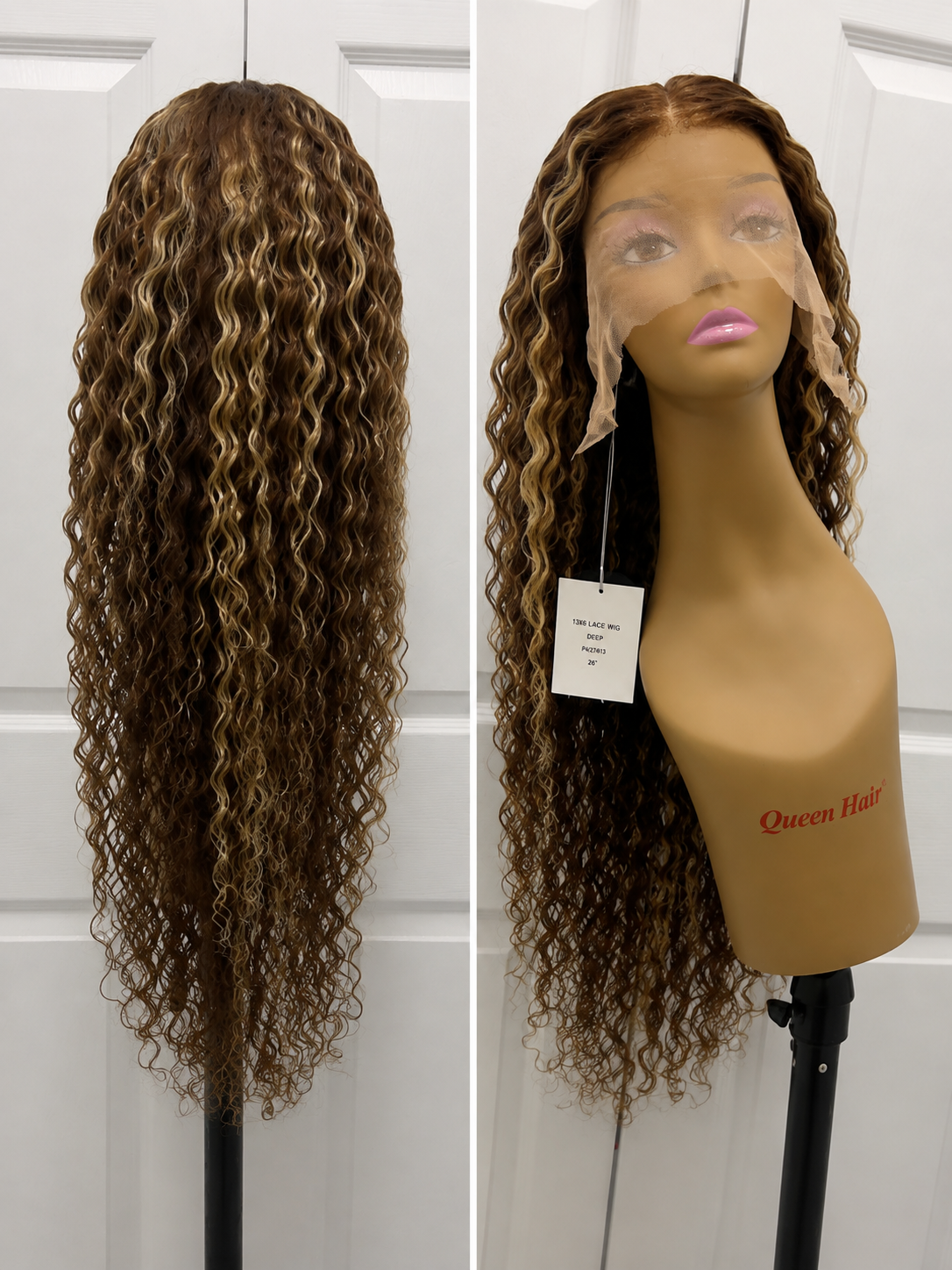 100% Human Hair 13x6 HD Lace Front DEEP WAVE Wig, available in Natural Black and P4/27 Highlight, in lengths 22 to 38 inches.