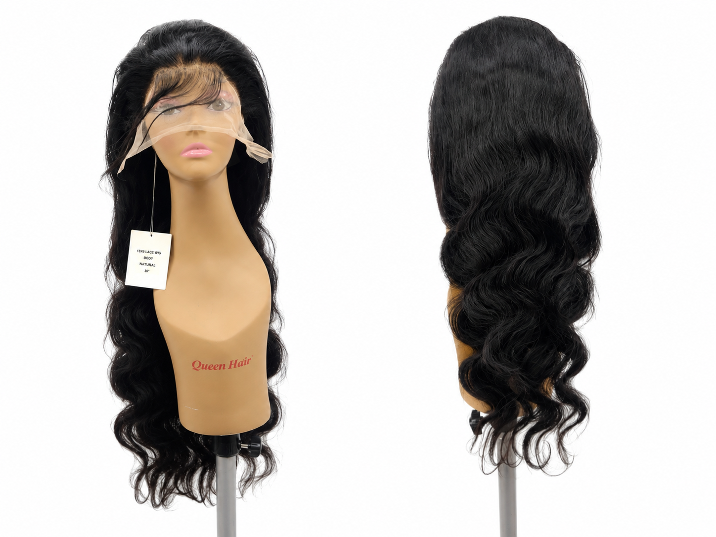 100% Human Hair 13x6 HD Lace Front BODY WAVE Wig, available in Natural Black and P4/27 Highlight, in lengths 22 to 38 inches.