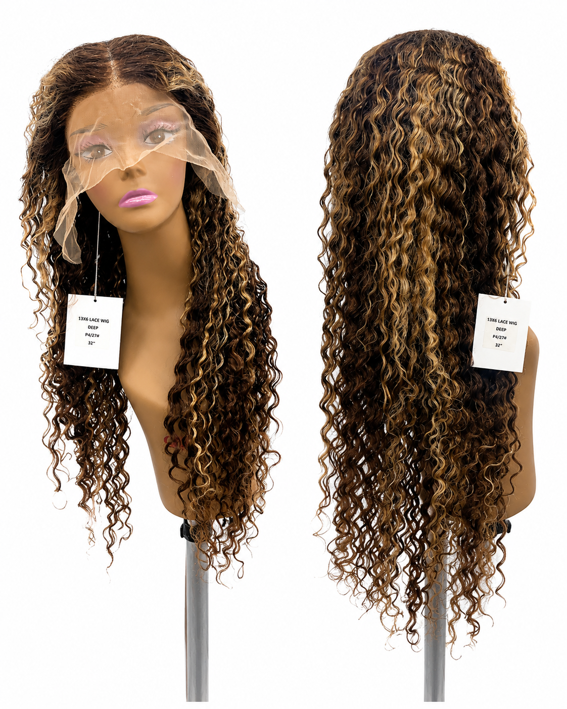 100% Human Hair 13x6 HD Lace Front DEEP WAVE Wig, available in Natural Black and P4/27 Highlight, in lengths 22 to 38 inches.