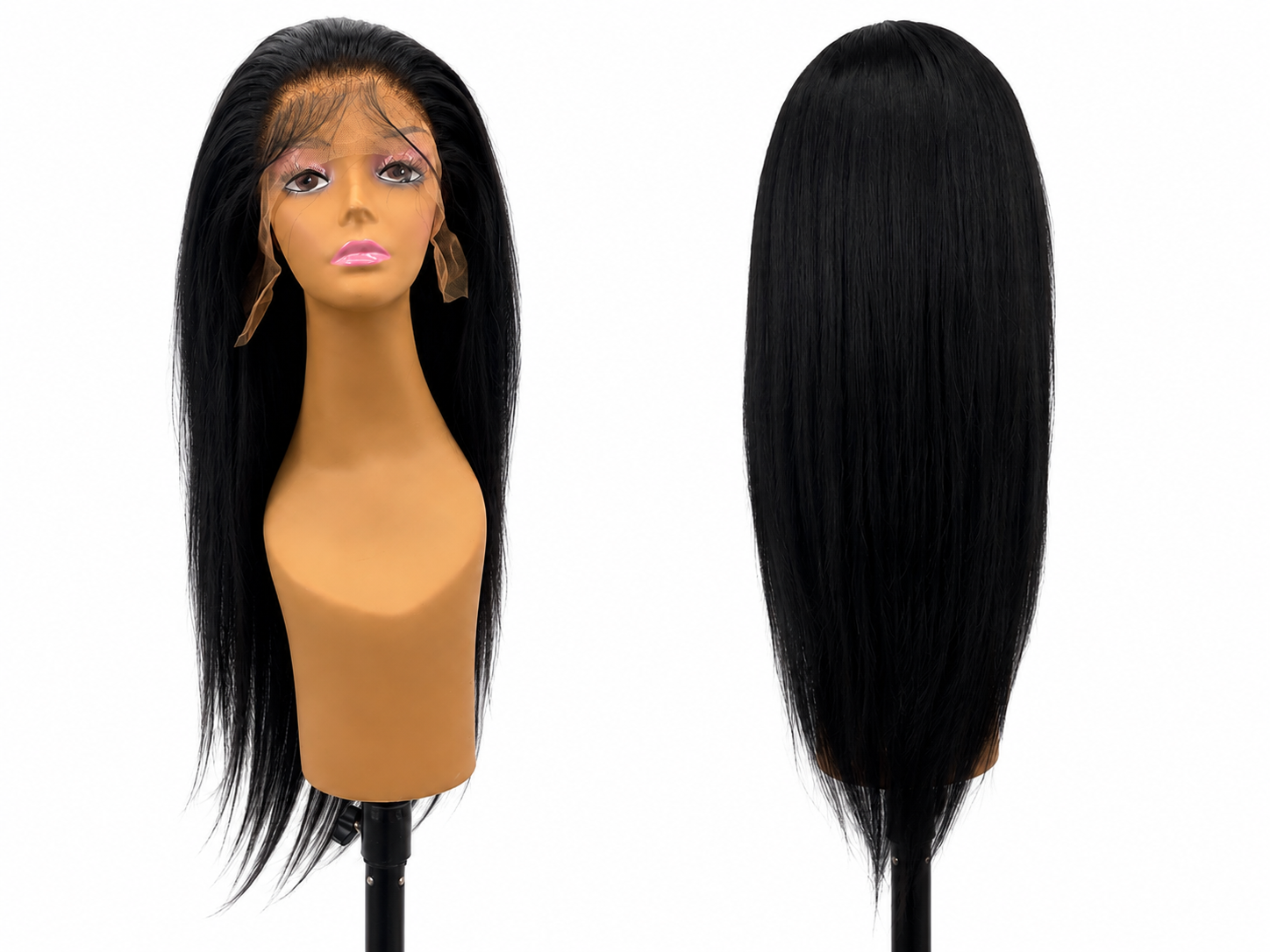 100% Human Hair 13x6 HD Lace Front Straight Wig, available in Natural Black and P4/27 Highlight, in lengths 22 to 38 inches.