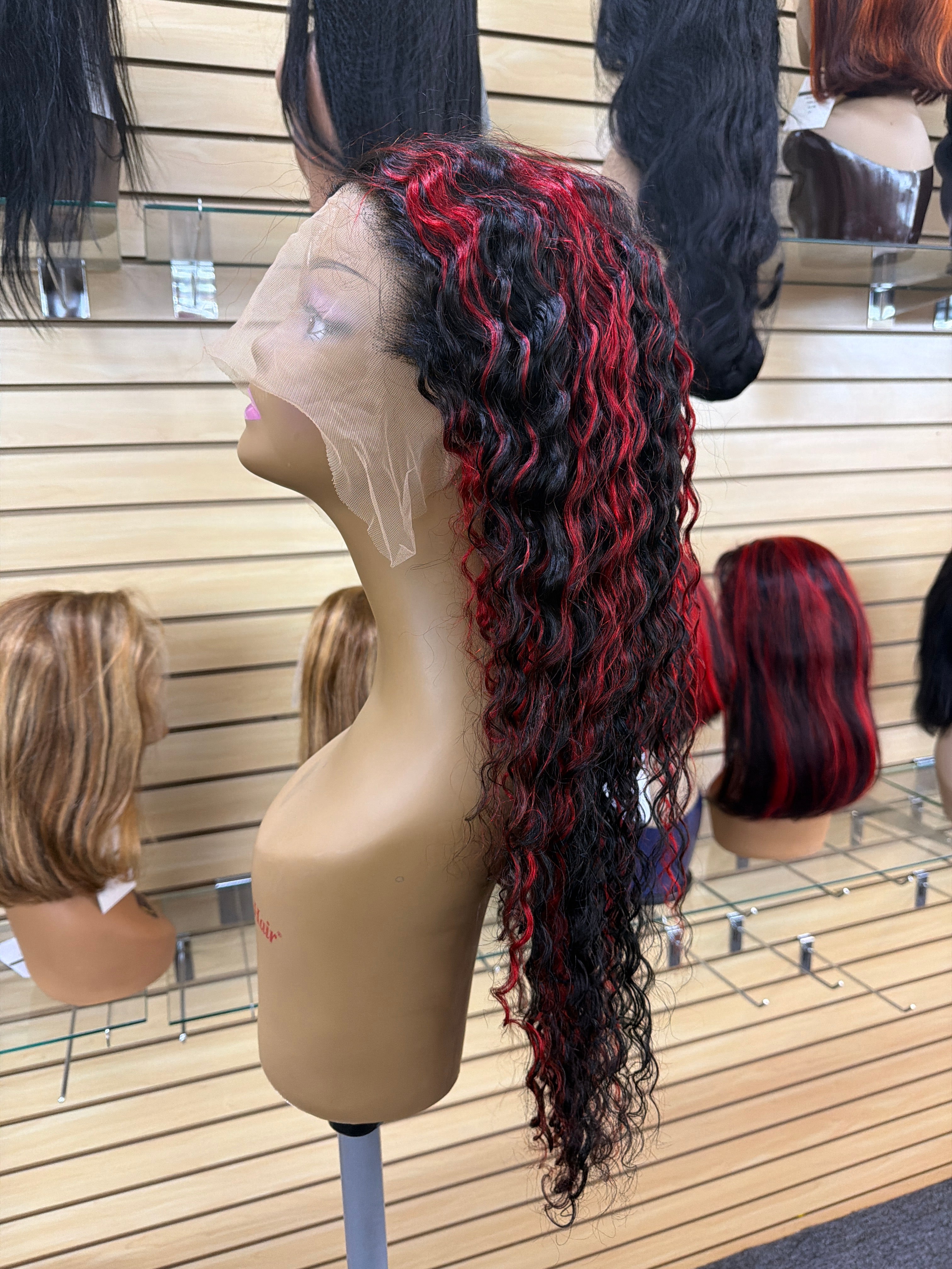 30” Deep Wave 13x6 Lace Front Wig – 100% Human Hair – P1B/Red Highlight