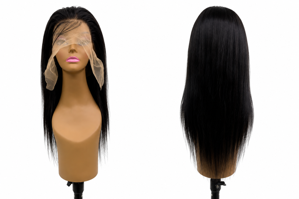 100% Human Hair 13x6  Lace Front Straight Wig, available in Natural Black and P4/27 Highlight, in lengths 22 to 38 inches.