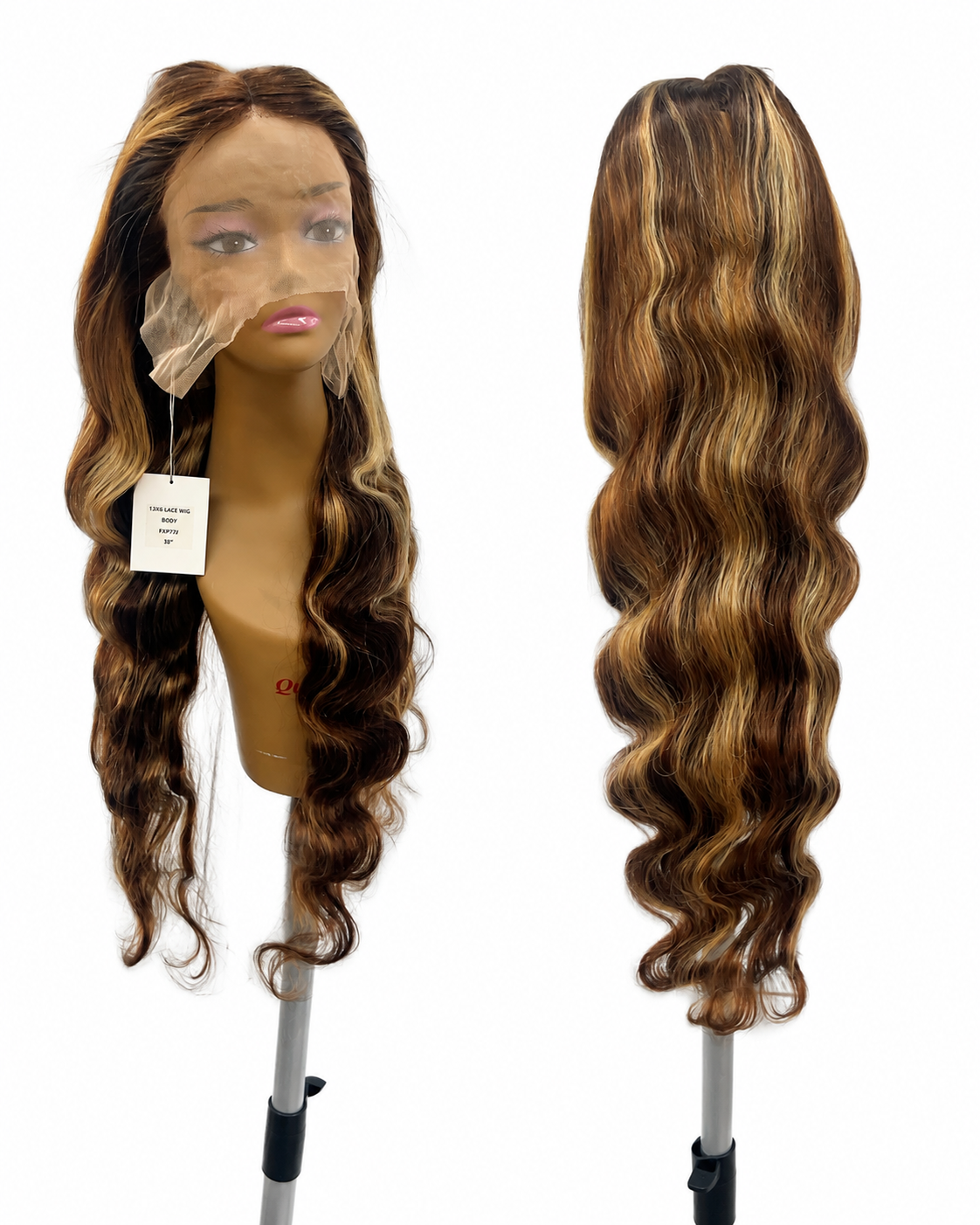 100% Human Hair 13x6 HD Lace Front BODY WAVE Wig, available in Natural Black and P4/27 Highlight, in lengths 22 to 38 inches.