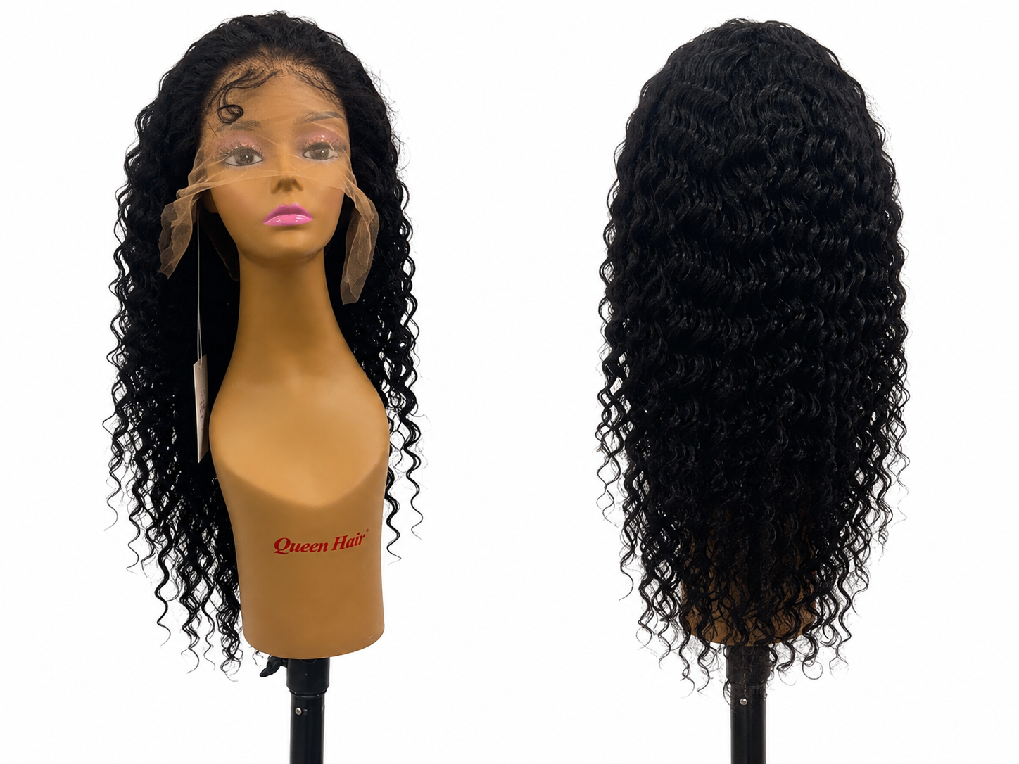 100% Human Hair 13x6 HD Lace Front DEEP WAVE Wig, available in Natural Black and P4/27 Highlight, in lengths 22 to 38 inches.