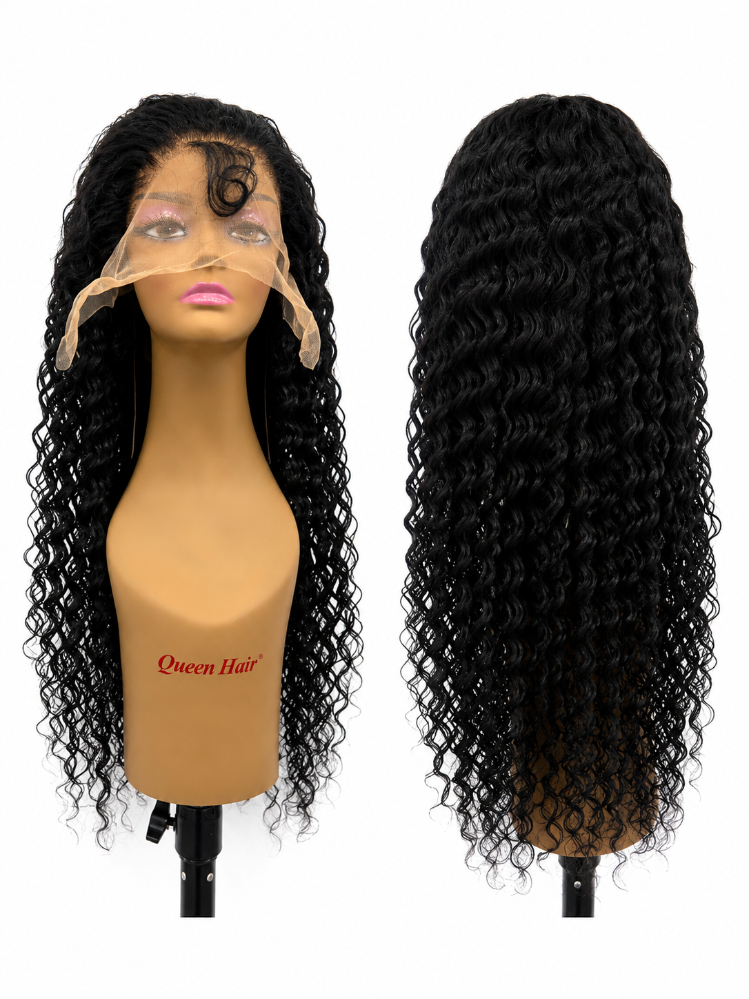 100% Human Hair 13x6 HD Lace Front DEEP WAVE Wig, available in Natural Black and P4/27 Highlight, in lengths 22 to 38 inches.