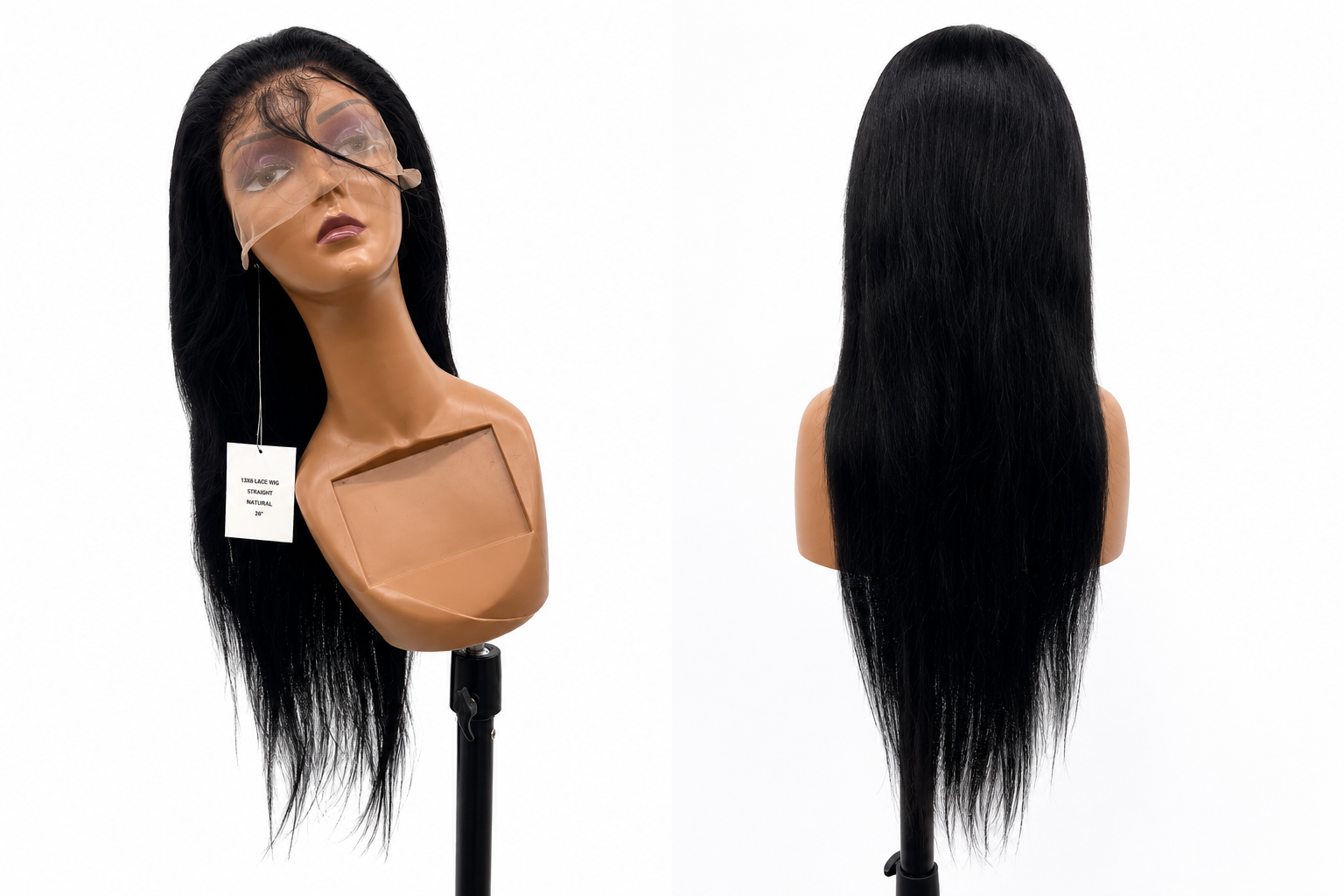 100% Human Hair 13x6 HD Lace Front Straight Wig, available in Natural Black and P4/27 Highlight, in lengths 22 to 38 inches.