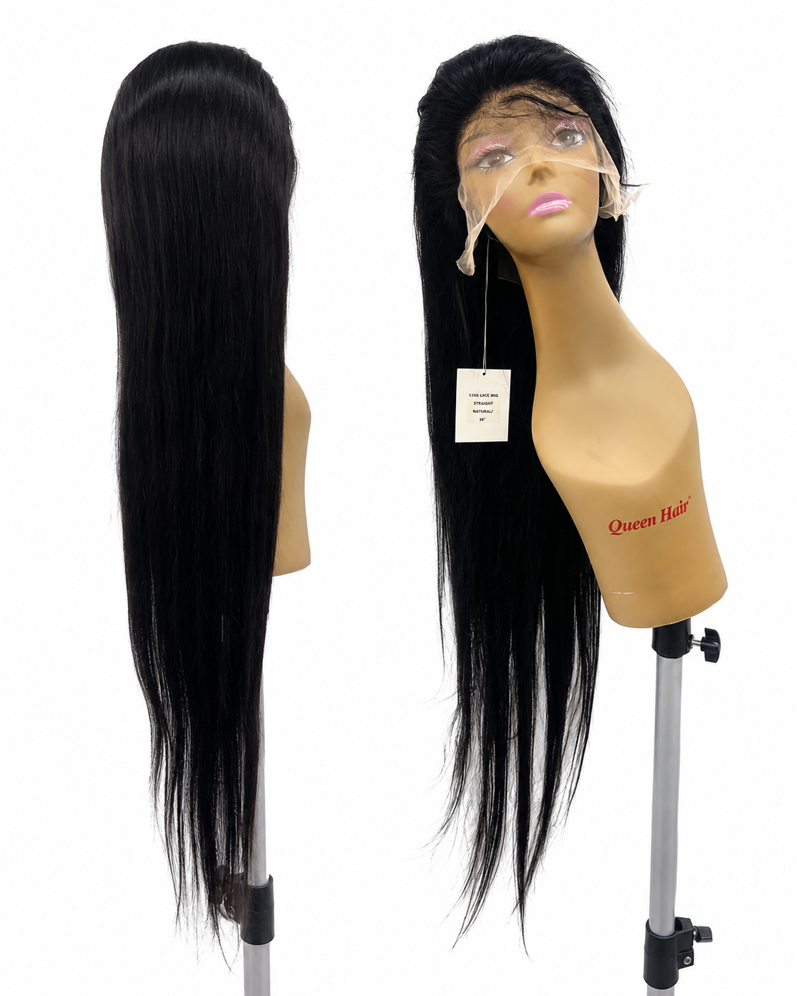 100% Human Hair 13x6 HD Lace Front Straight Wig, available in Natural Black and P4/27 Highlight, in lengths 22 to 38 inches.