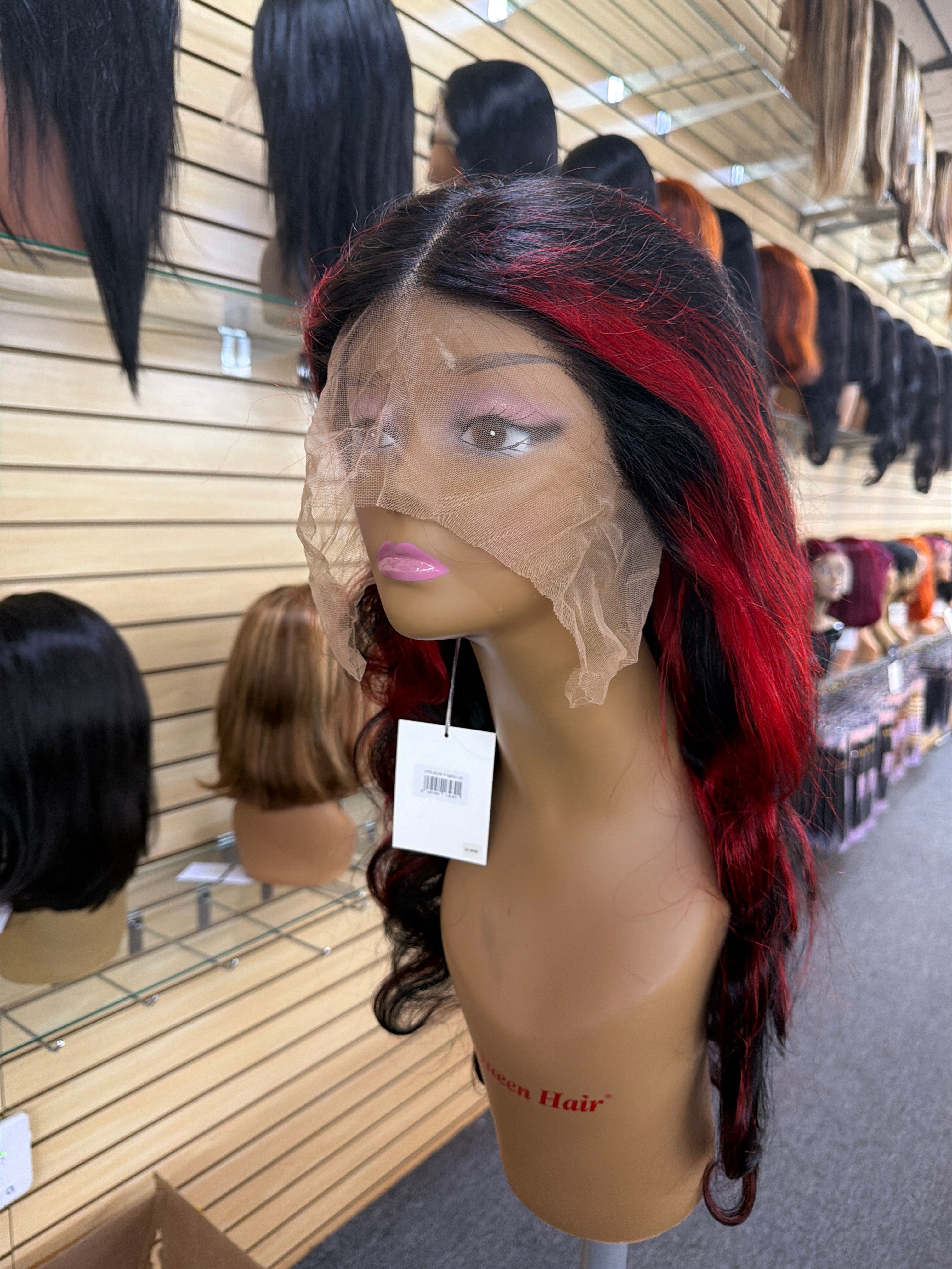 30” Body Wave HD Lace Front Wig 13x6 – 100% Human Hair – Black & Red Highlight (1B/Red)