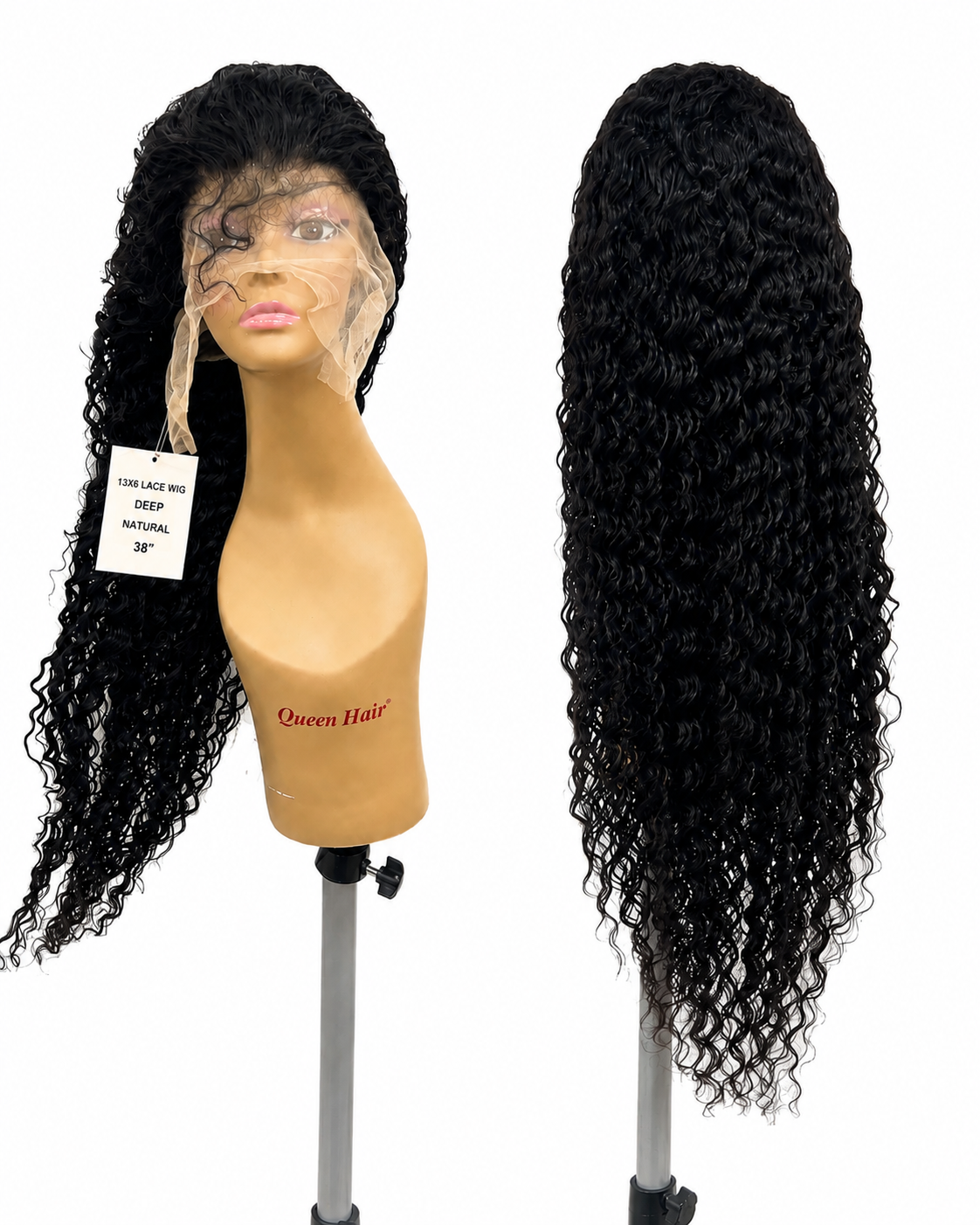 100% Human Hair 13x6 HD Lace Front DEEP WAVE Wig, available in Natural Black and P4/27 Highlight, in lengths 22 to 38 inches.