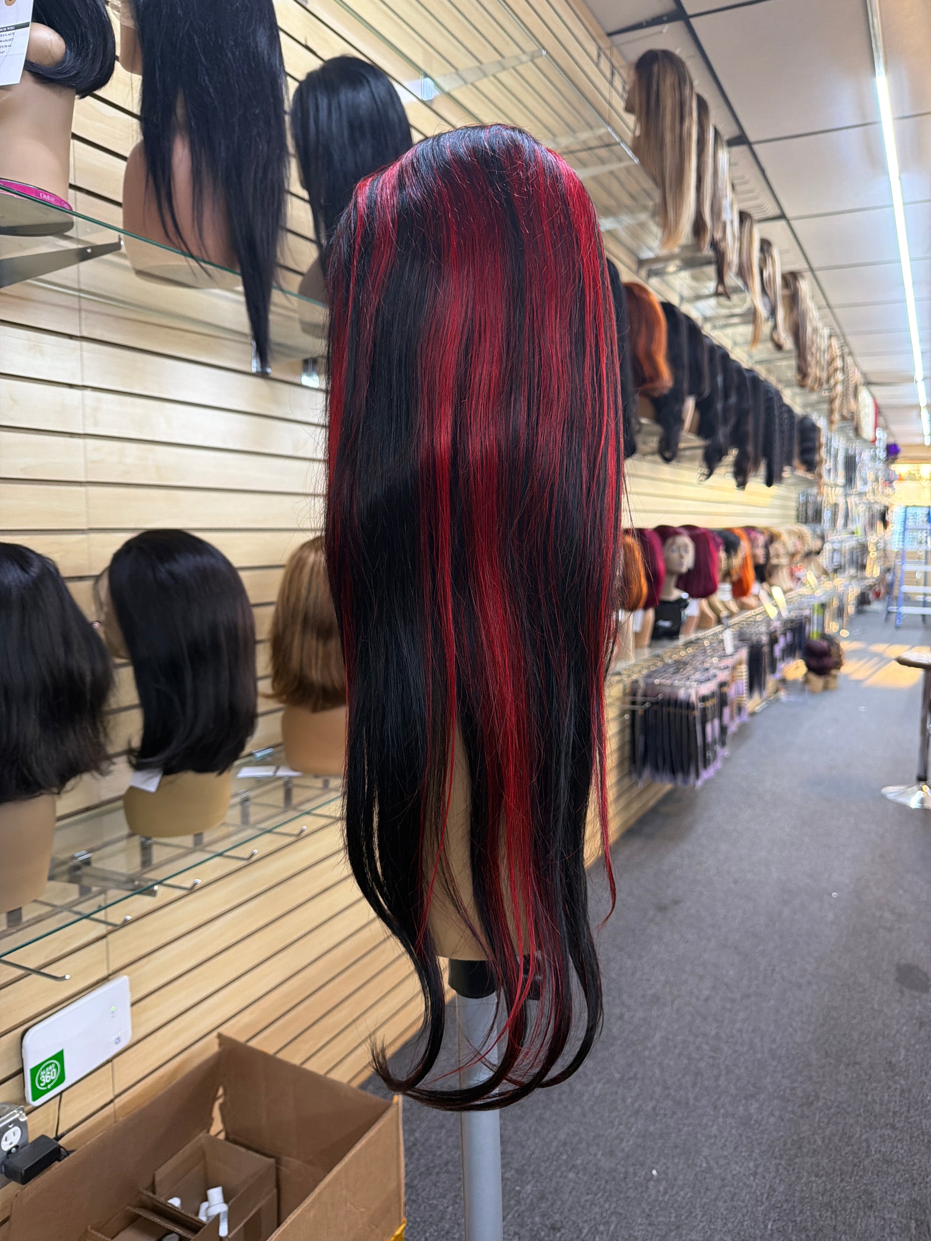 13x6 HD Lace Front Wig – Straight – Black & Red Highlight – 180% Density