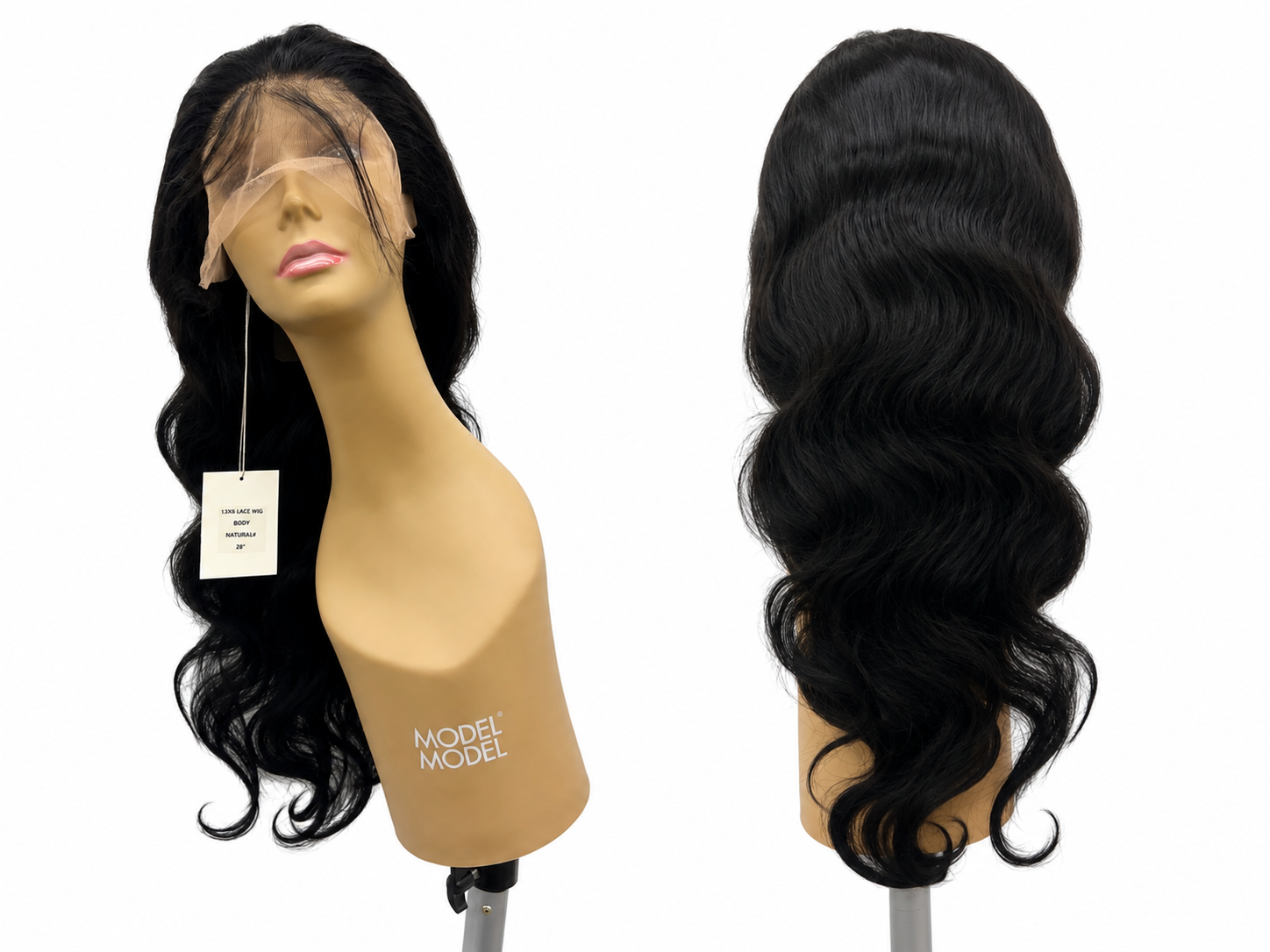 100% Human Hair 13x6 HD Lace Front BODY WAVE Wig, available in Natural Black and P4/27 Highlight, in lengths 22 to 38 inches.