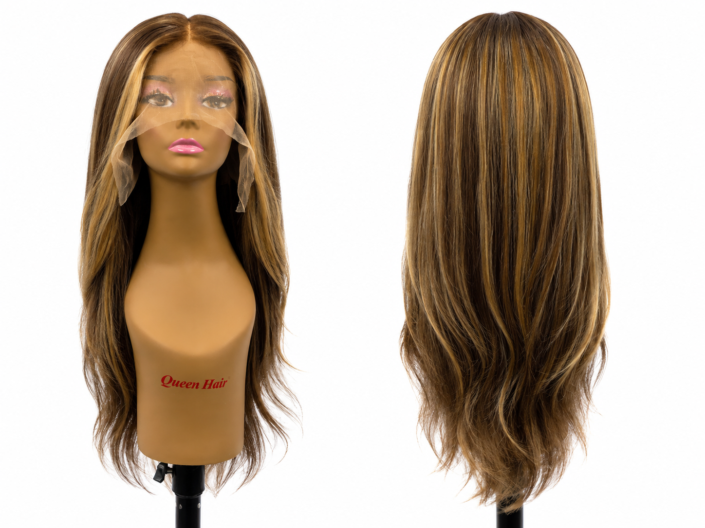 100% Human Hair 13x6 HD Lace Front Straight Wig, available in Natural Black and P4/27 Highlight, in lengths 22 to 38 inches.