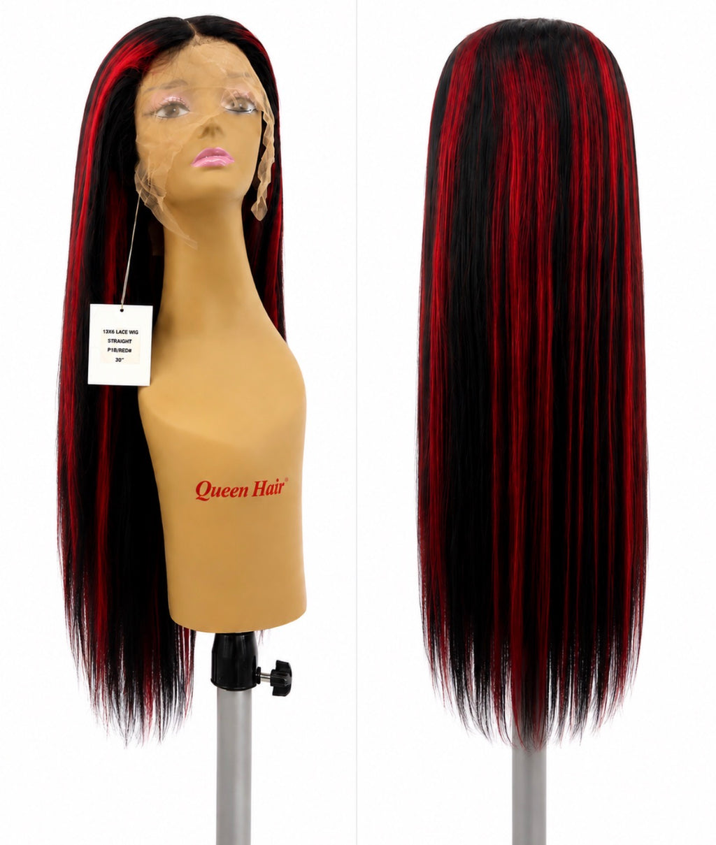 13x6 HD Lace Front Wig – Straight – Black & Red Highlight – 180% Density