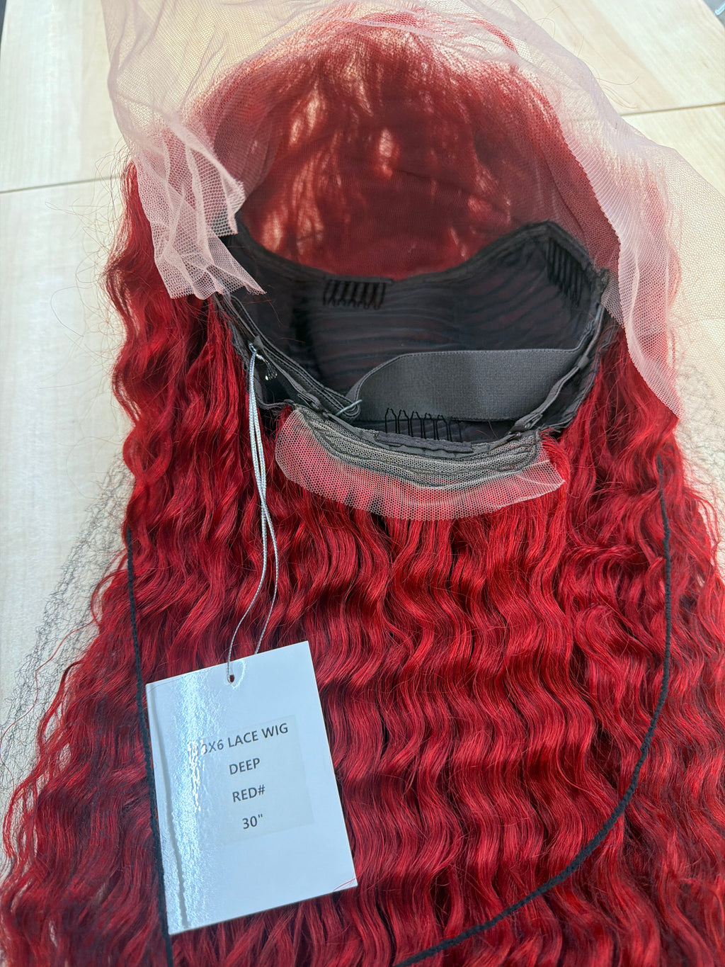 30” Red Deep Wave 13x6 Lace Front Wig – 100% Human Hair
